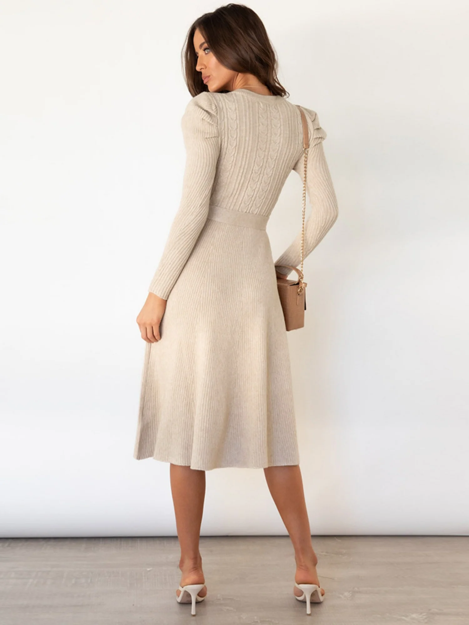 Puff Sleeves Knitted Skirt High-waisted Full Skirt Maxi Dresses - Image 5