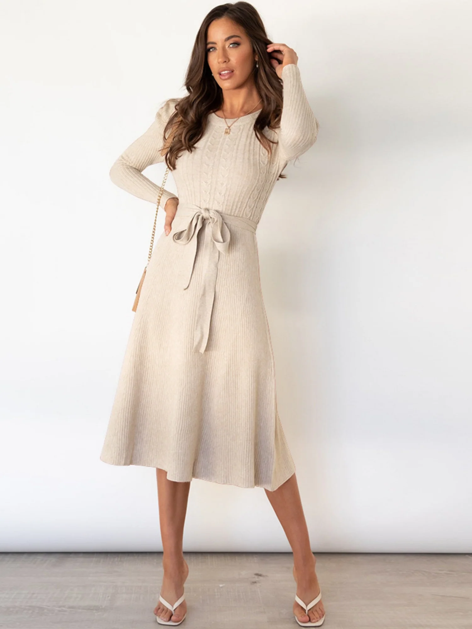 Puff Sleeves Knitted Skirt High-waisted Full Skirt Maxi Dresses - Image 6