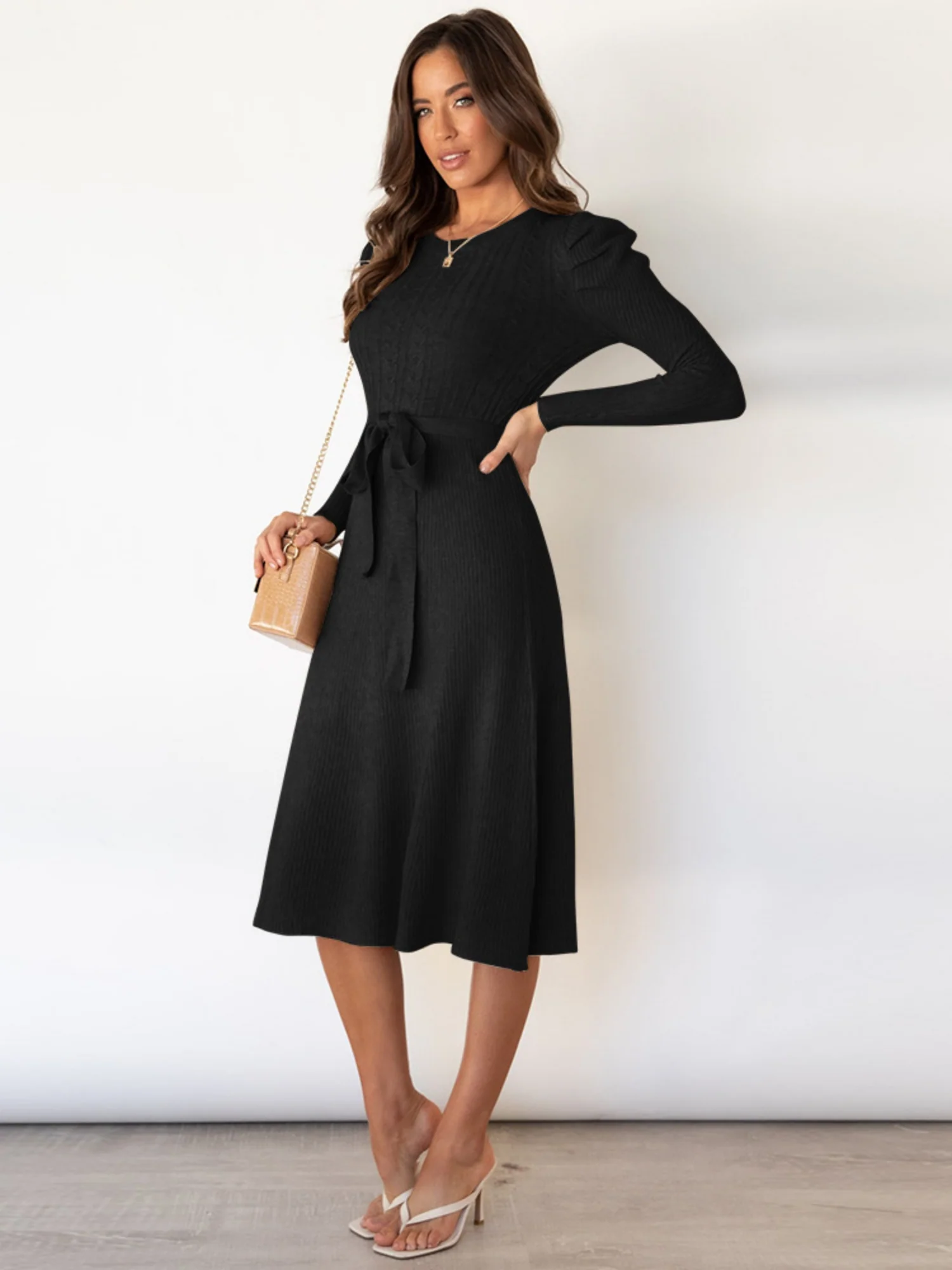 Puff Sleeves Knitted Skirt High-waisted Full Skirt Maxi Dresses - Image 8