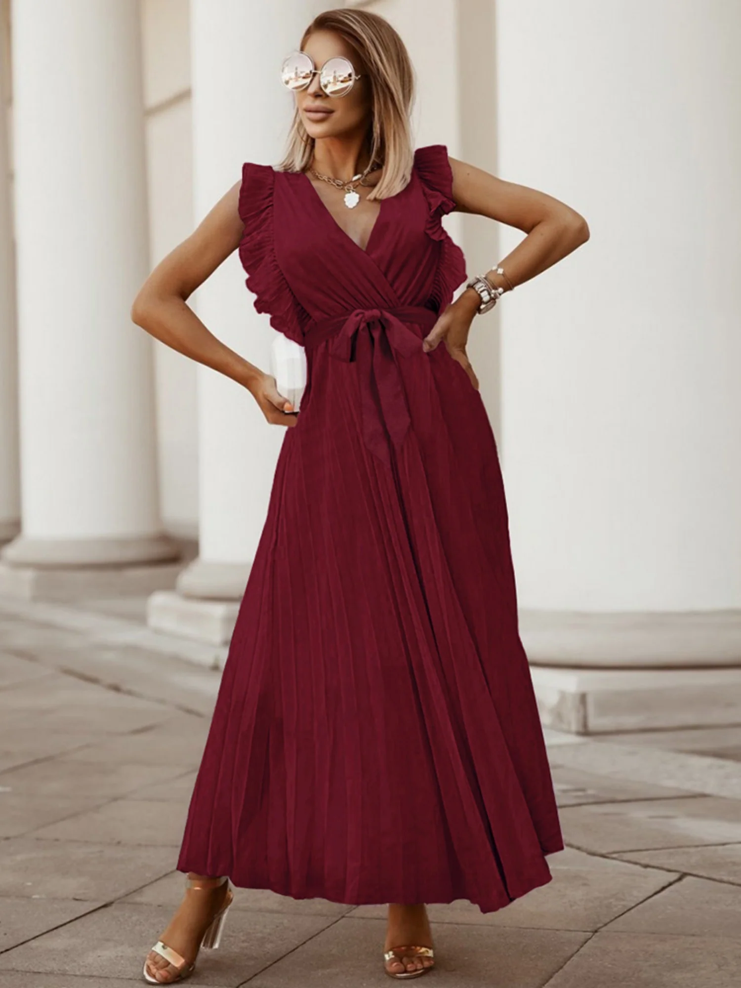 Lotus Leaf Sleeves Bow Chiffon Pleats Vacation Style Maxi Dresses - Image 10
