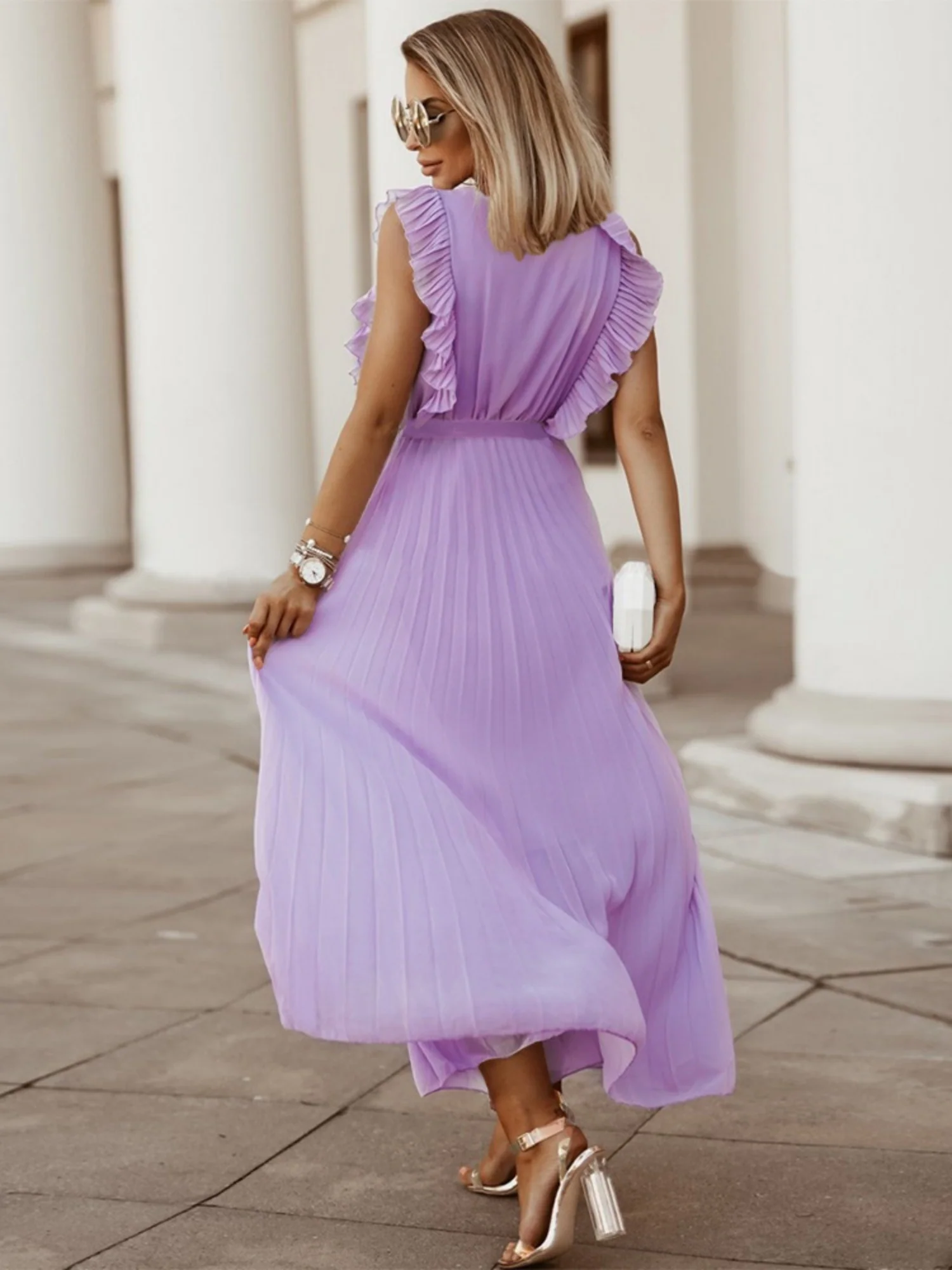 Lotus Leaf Sleeves Bow Chiffon Pleats Vacation Style Maxi Dresses - Image 2