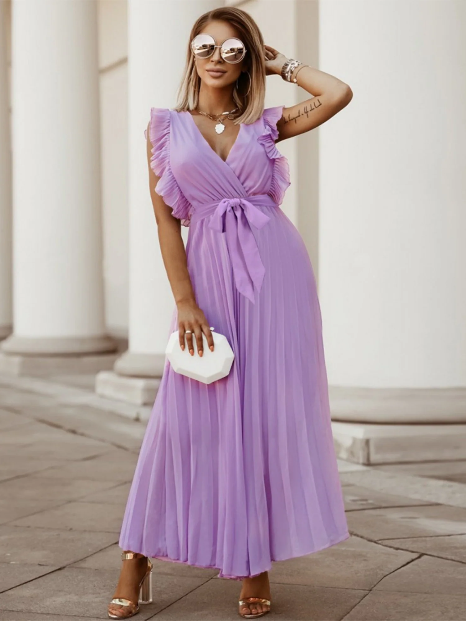 Lotus Leaf Sleeves Bow Chiffon Pleats Vacation Style Maxi Dresses - Image 3
