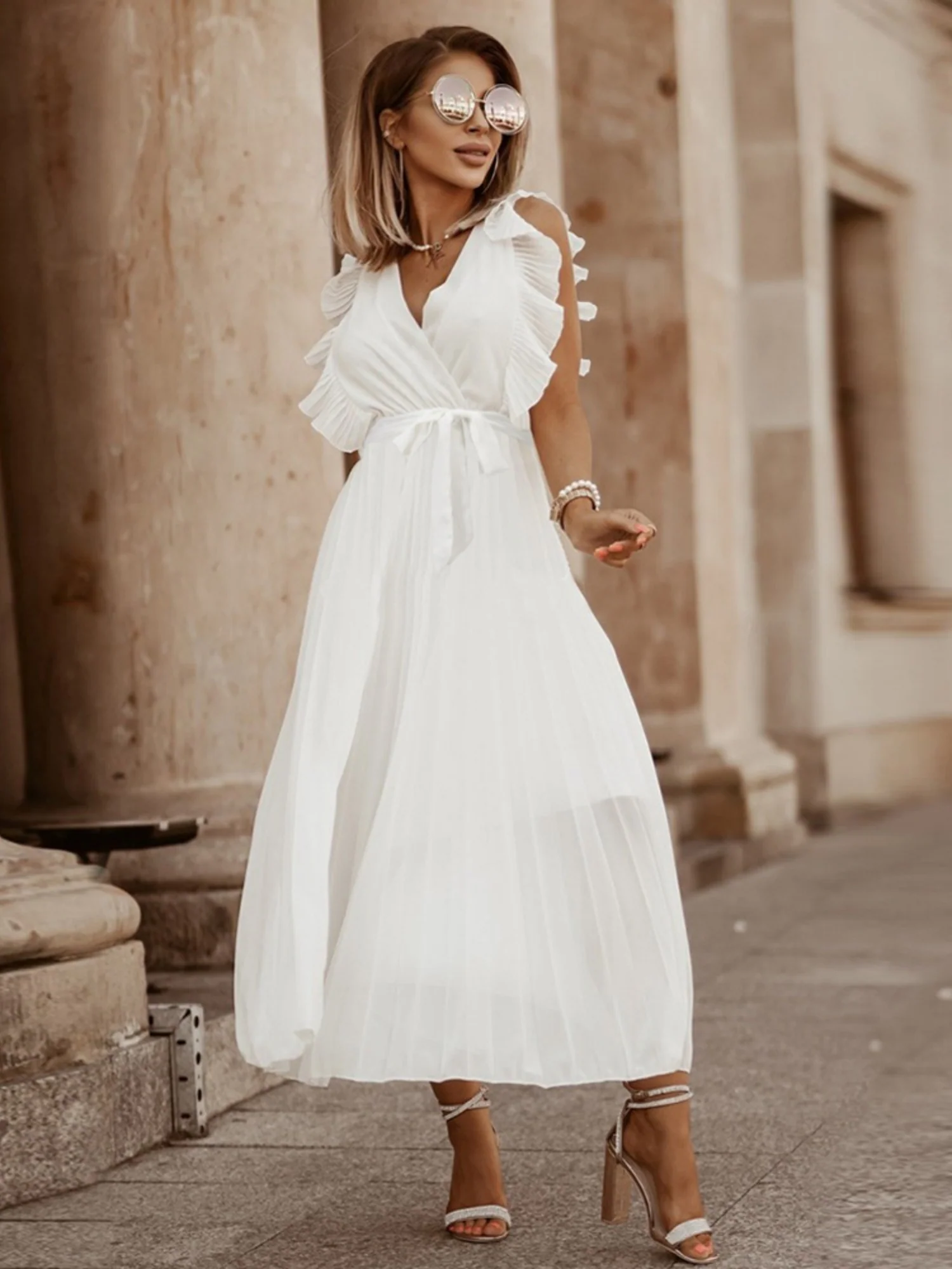 Lotus Leaf Sleeves Bow Chiffon Pleats Vacation Style Maxi Dresses - Image 4