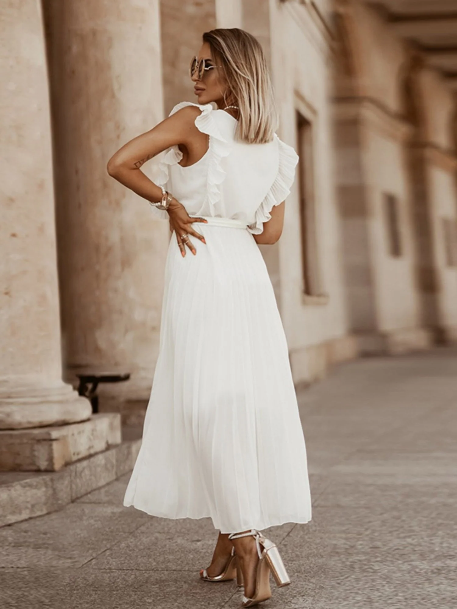 Lotus Leaf Sleeves Bow Chiffon Pleats Vacation Style Maxi Dresses - Image 5