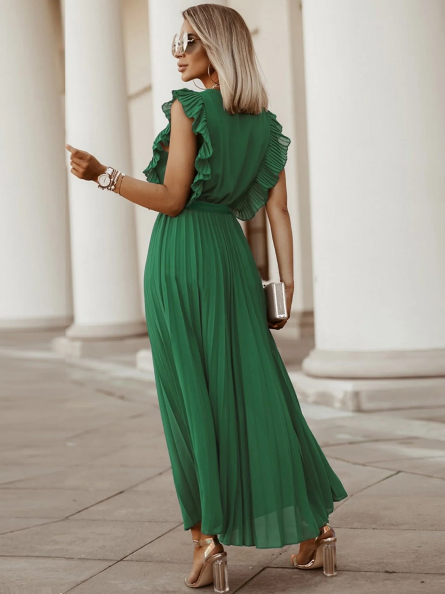 Lotus Leaf Sleeves Bow Chiffon Pleats Vacation Style Maxi Dresses - Image 7