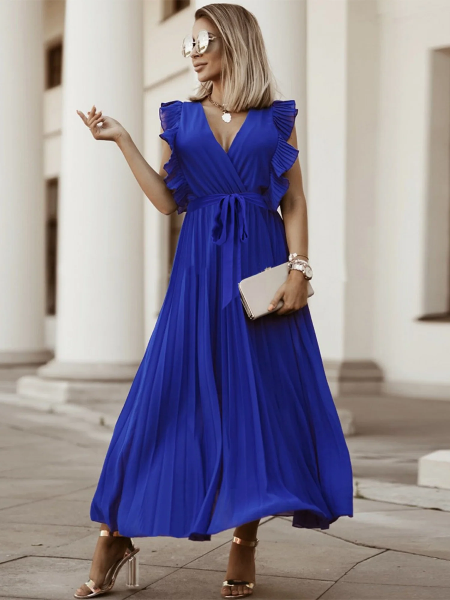 Lotus Leaf Sleeves Bow Chiffon Pleats Vacation Style Maxi Dresses - Image 8