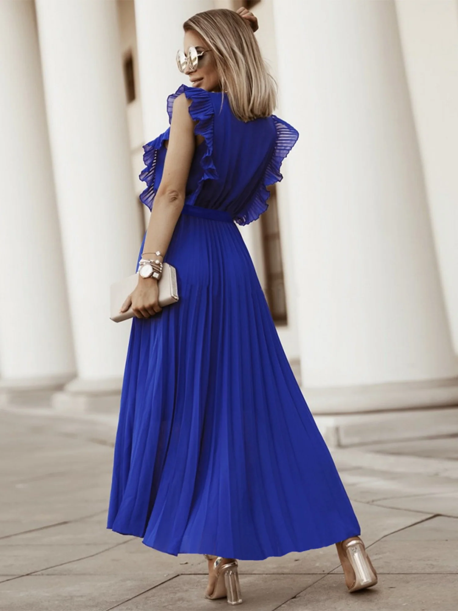Lotus Leaf Sleeves Bow Chiffon Pleats Vacation Style Maxi Dresses - Image 9