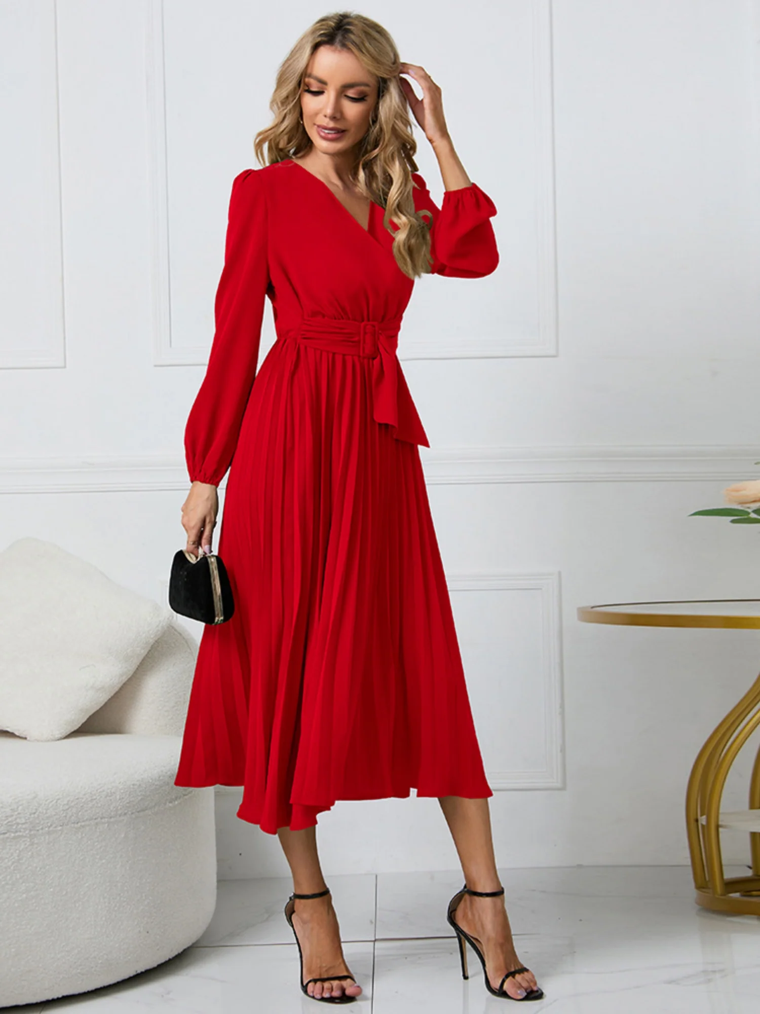 Pleated Skirt V-neck Tie Maxi Dresses