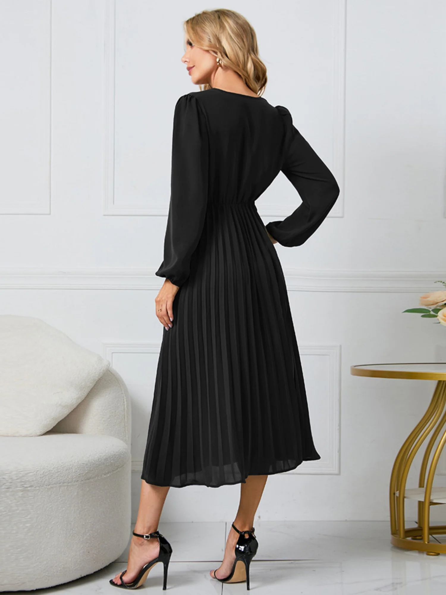 Pleated Skirt V-neck Tie Maxi Dresses - Image 10