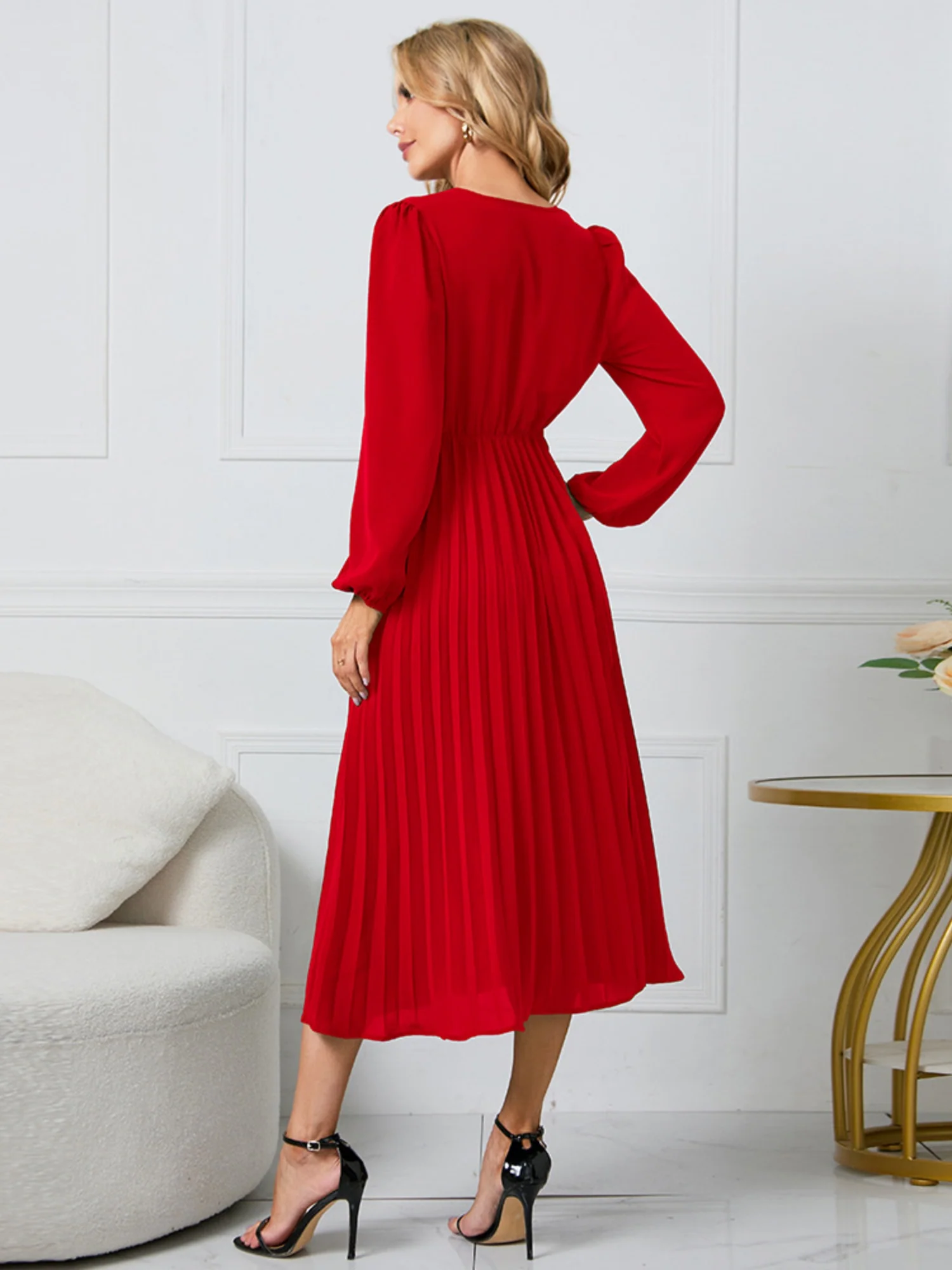 Pleated Skirt V-neck Tie Maxi Dresses - Image 2
