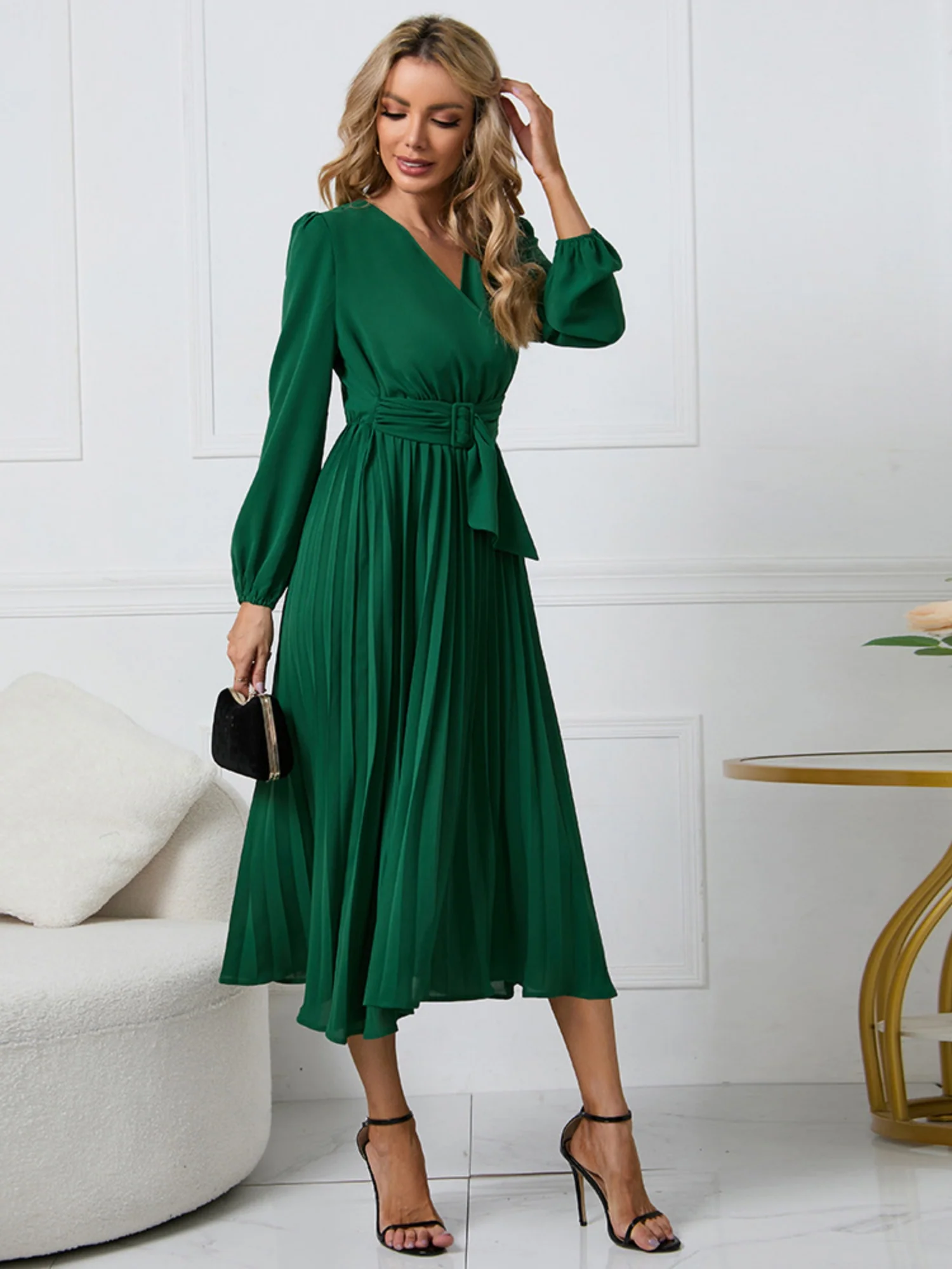Pleated Skirt V-neck Tie Maxi Dresses - Image 6