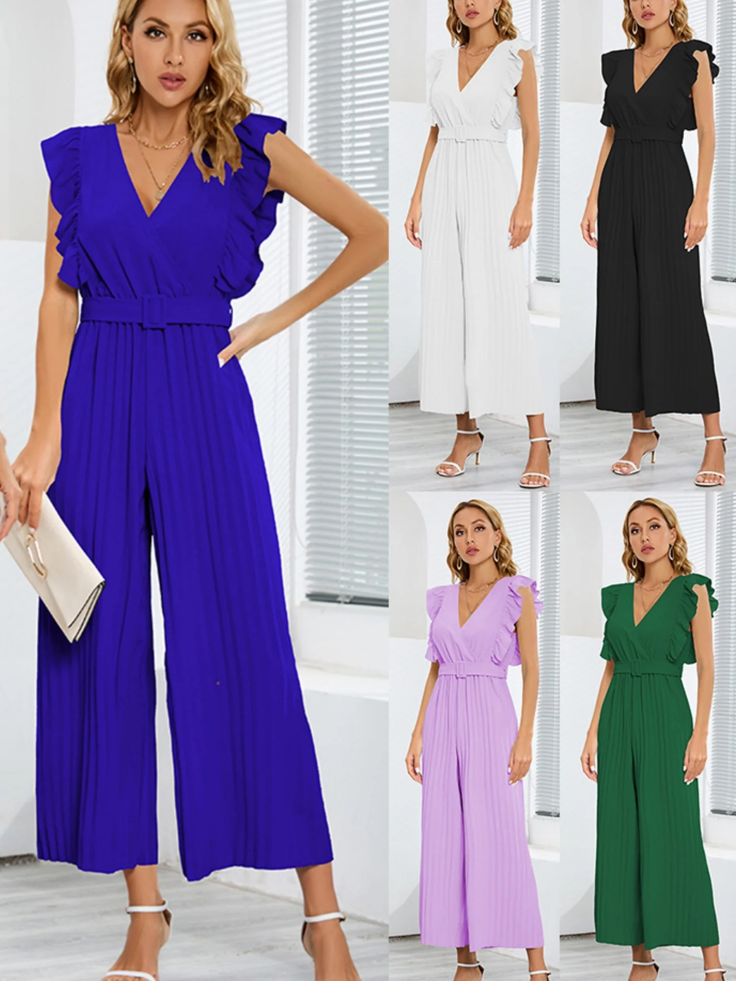 Ruffled V-neck High-waisted Sleeveless Pleated Belt Jumpsuits - Image 2