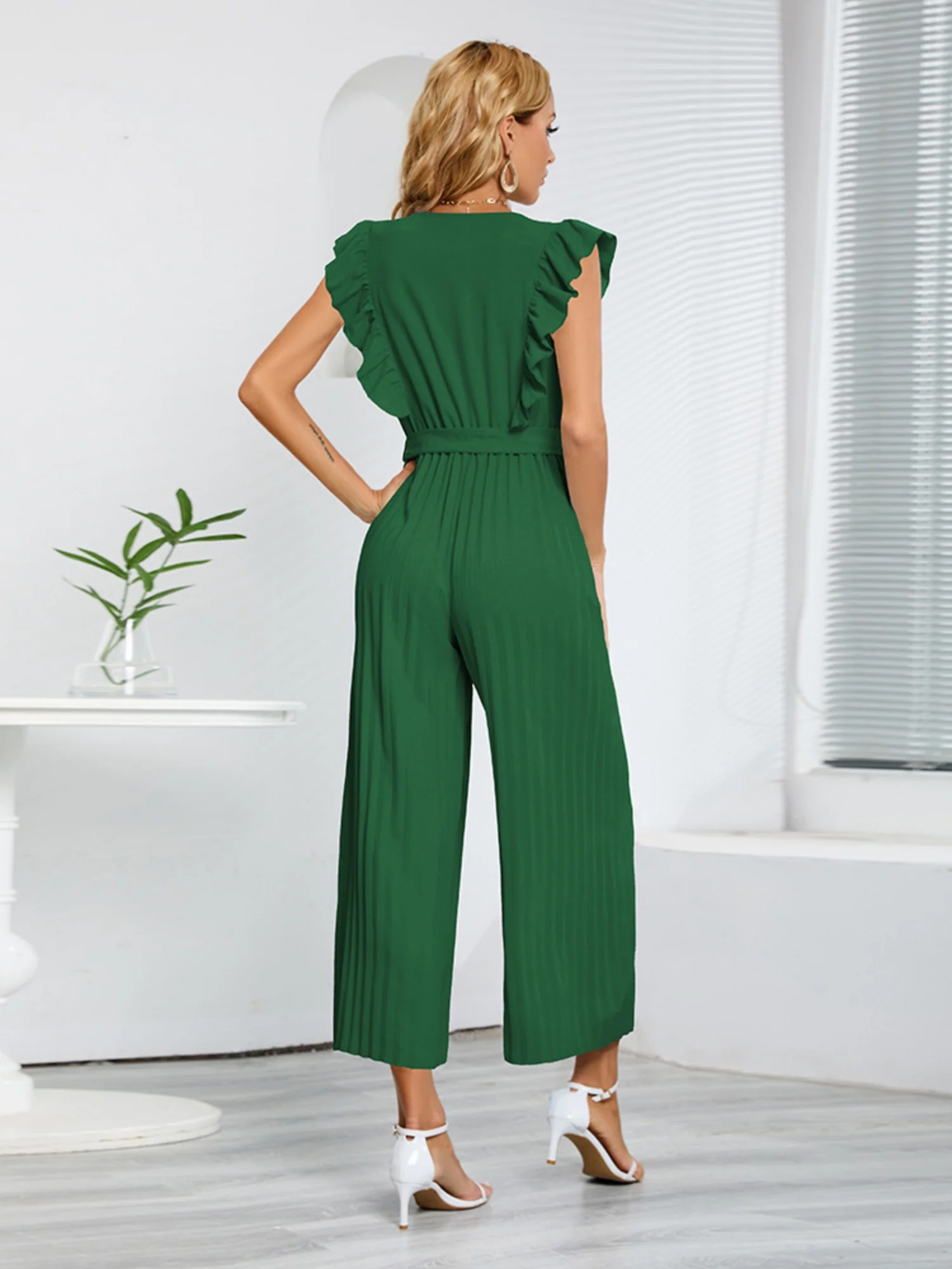 Ruffled V-neck High-waisted Sleeveless Pleated Belt Jumpsuits - Image 3