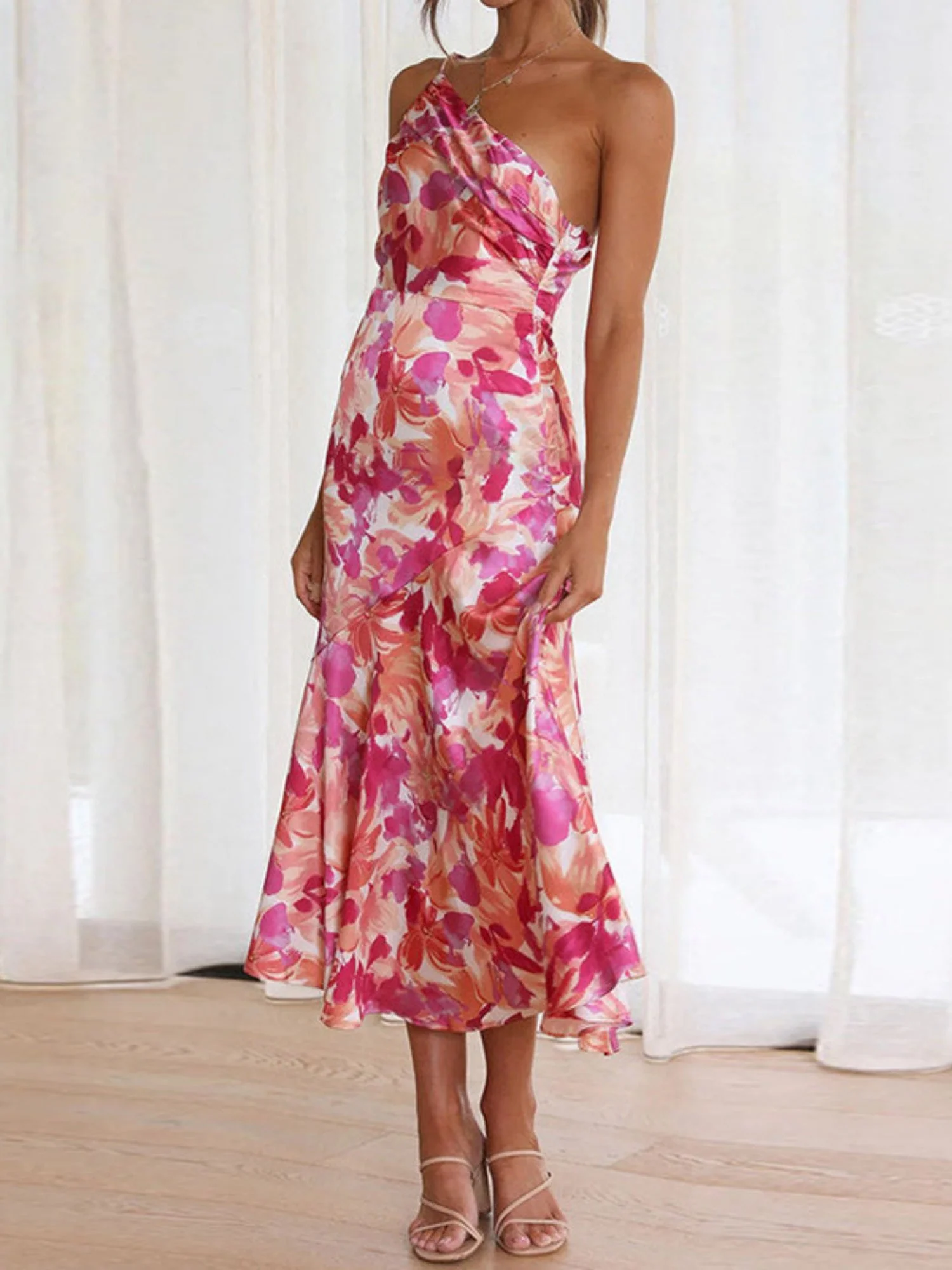 Floral Print Asymmetrical Collar Fishtail Maxi Dresses - Image 4