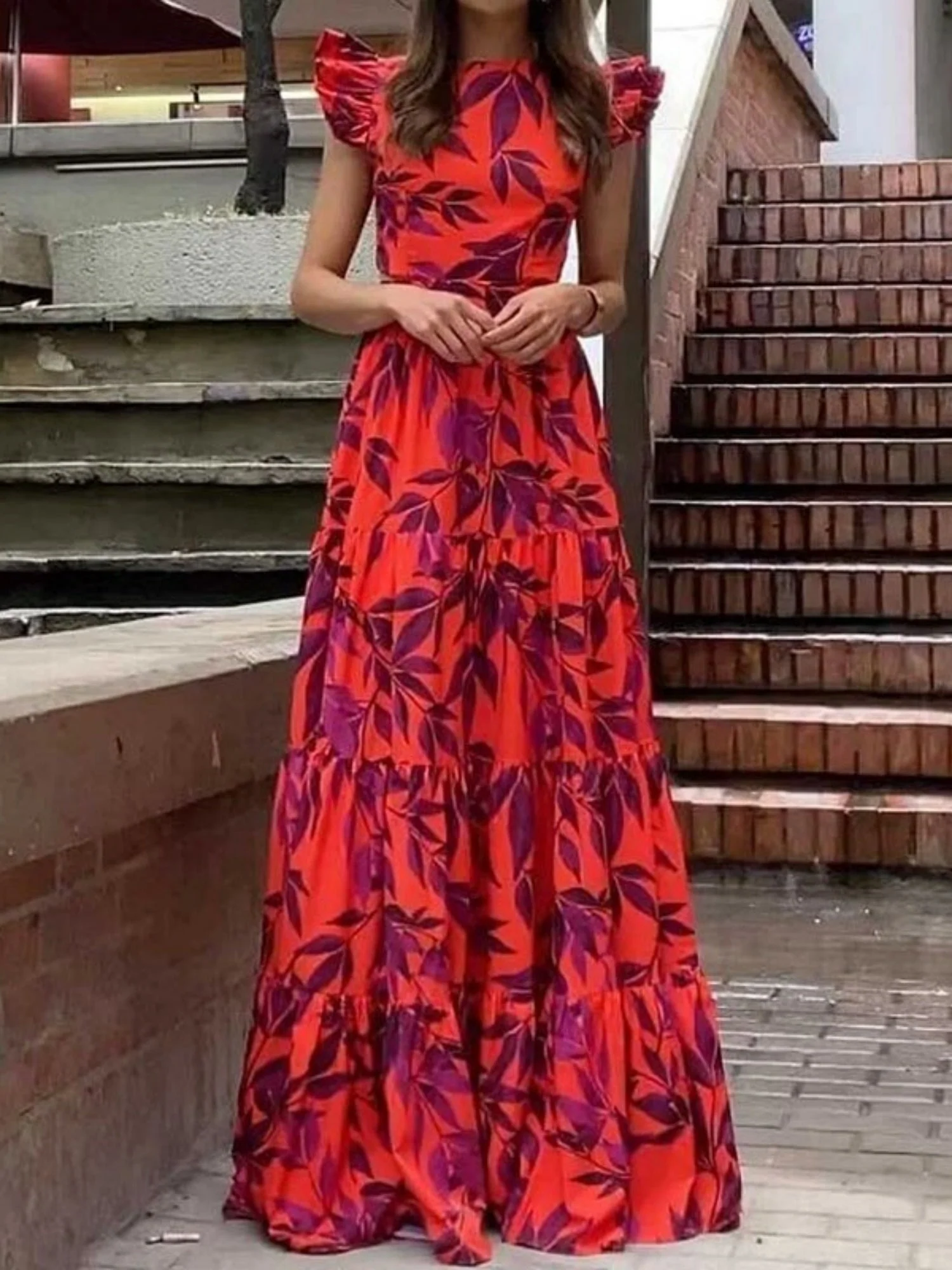 Floral Print Flutter Sleeves And High Waist Large Skirt Maxi Dresses