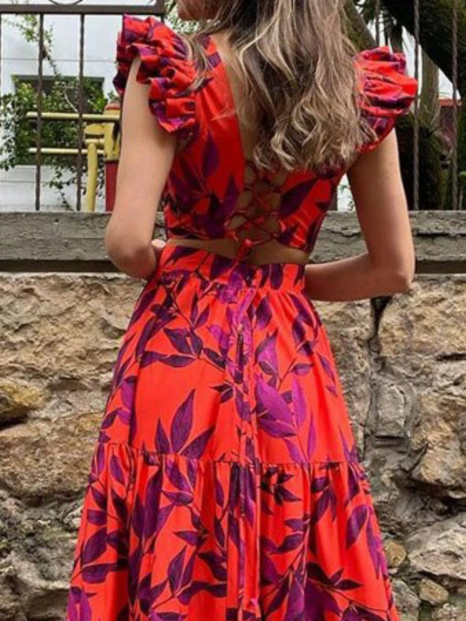 Floral Print Flutter Sleeves And High Waist Large Skirt Maxi Dresses - Image 2
