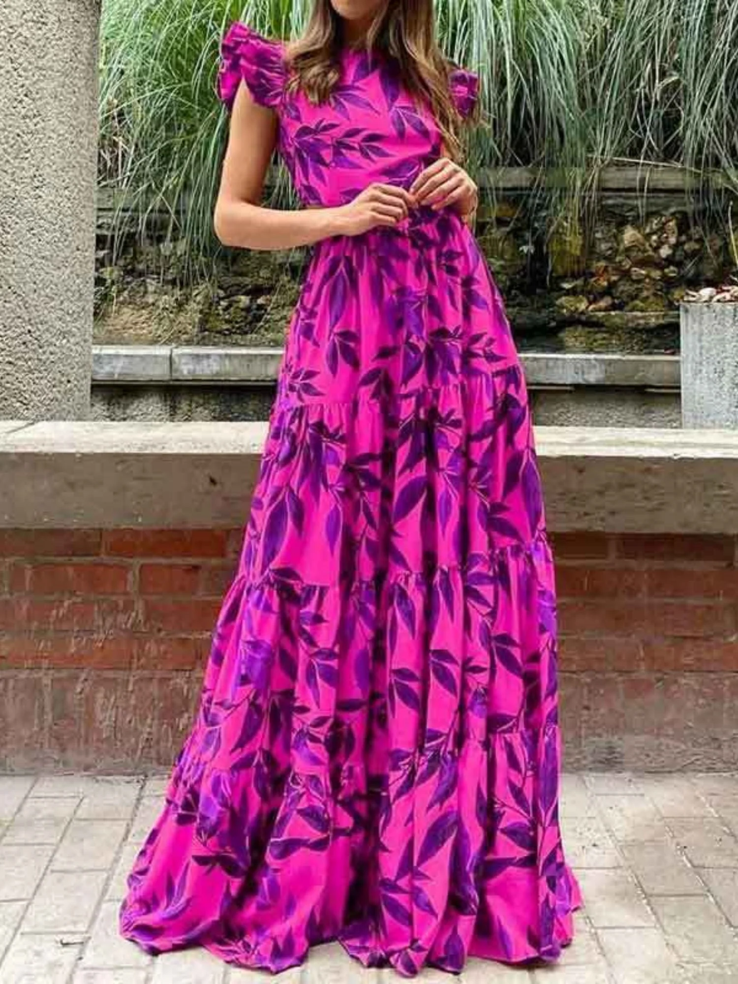 Floral Print Flutter Sleeves And High Waist Large Skirt Maxi Dresses - Image 3