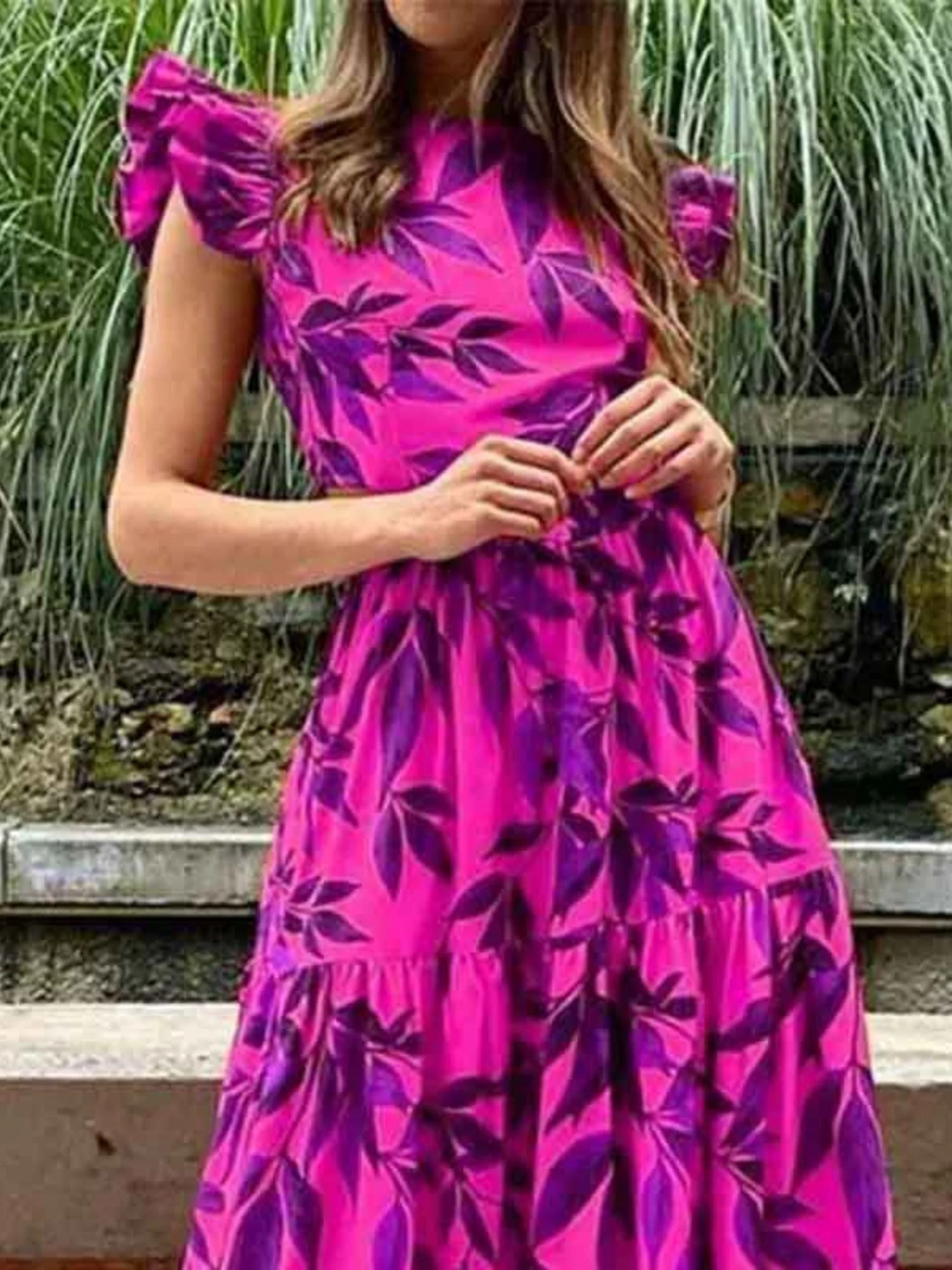 Floral Print Flutter Sleeves And High Waist Large Skirt Maxi Dresses - Image 4