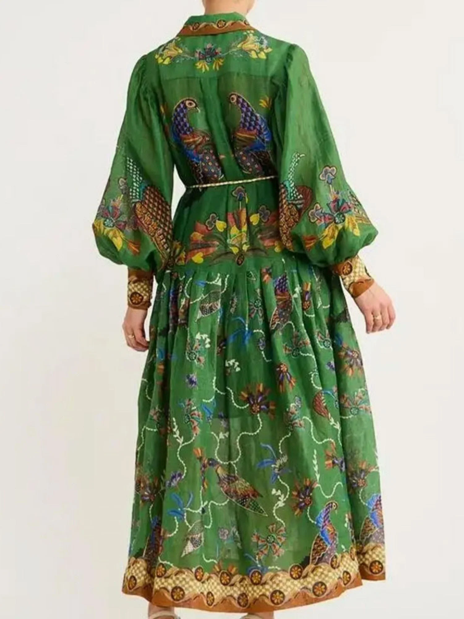 Floral Print Bohemia Polo Collar Lantern Sleeves Maxi Dresses - Image 2