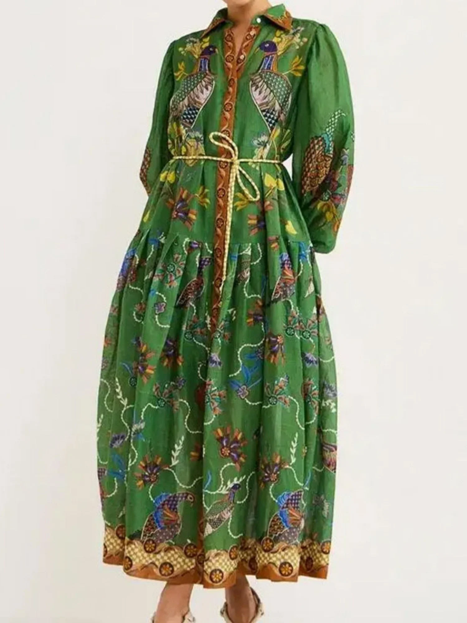 Floral Print Bohemia Polo Collar Lantern Sleeves Maxi Dresses - Image 3