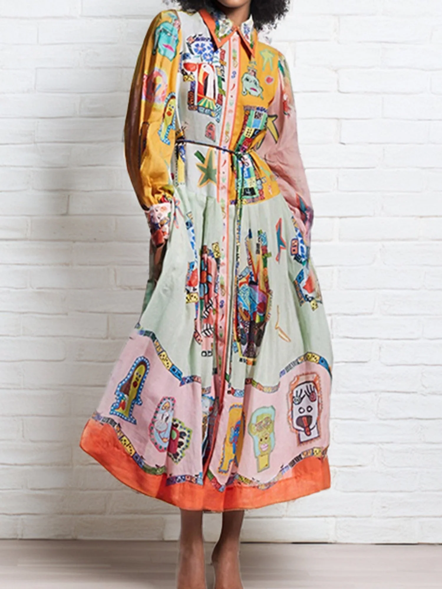 Floral Print Bohemia Polo Collar Lantern Sleeves Maxi Dresses - Image 4