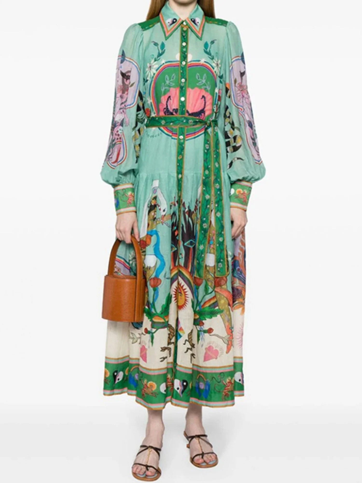 Floral Print Bohemia Polo Collar Lantern Sleeves Maxi Dresses - Image 6