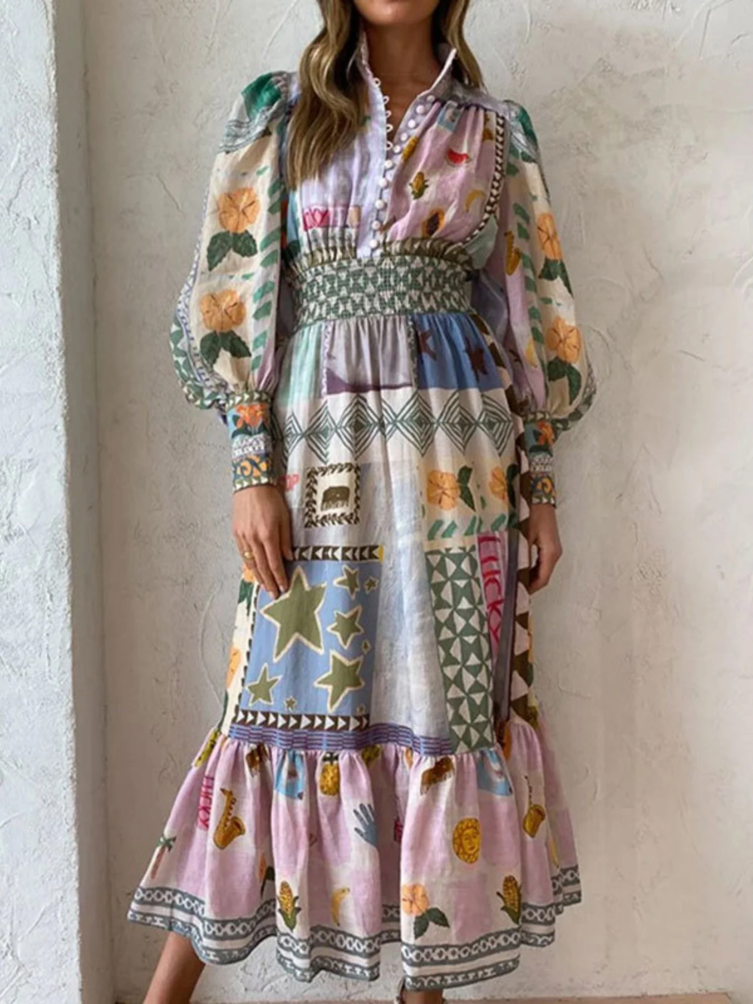 Floral Print Bohemia Polo Collar Lantern Sleeves Maxi Dresses - Image 7