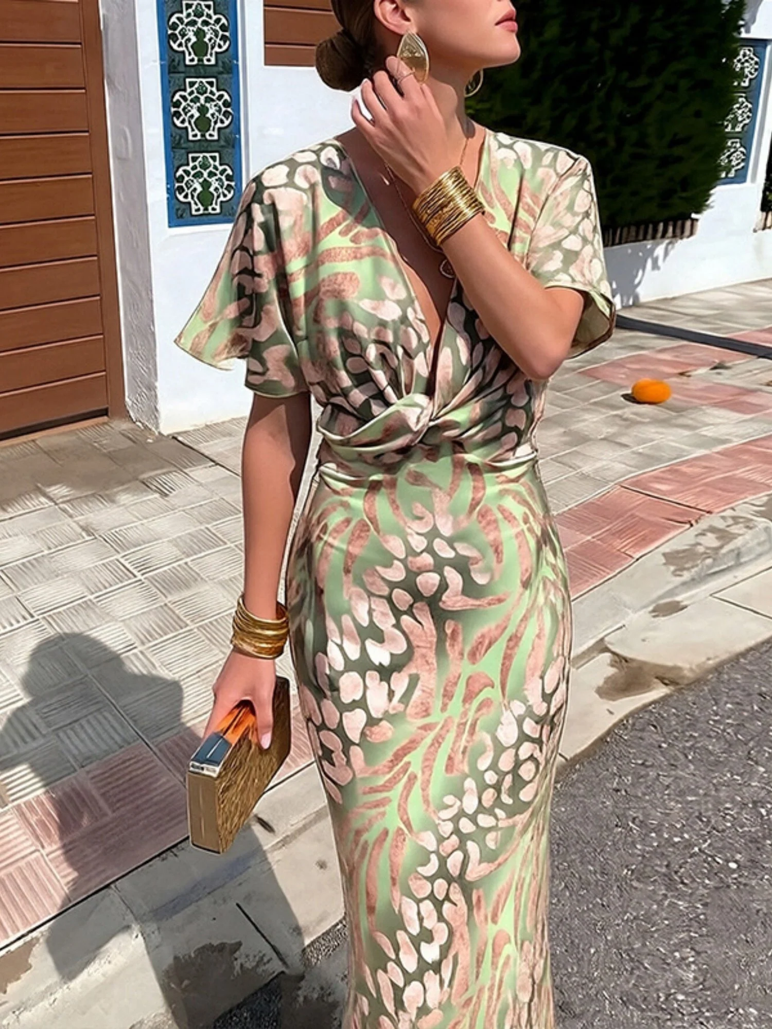 Floral Print Knot V-neck Short Sleeve Maxi Dresses - Image 2