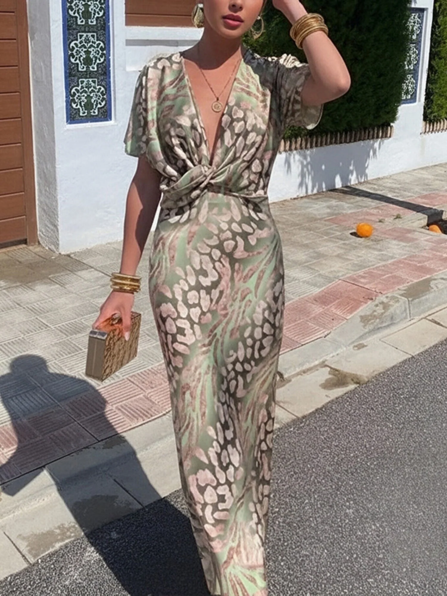 Floral Print Knot V-neck Short Sleeve Maxi Dresses - Image 3