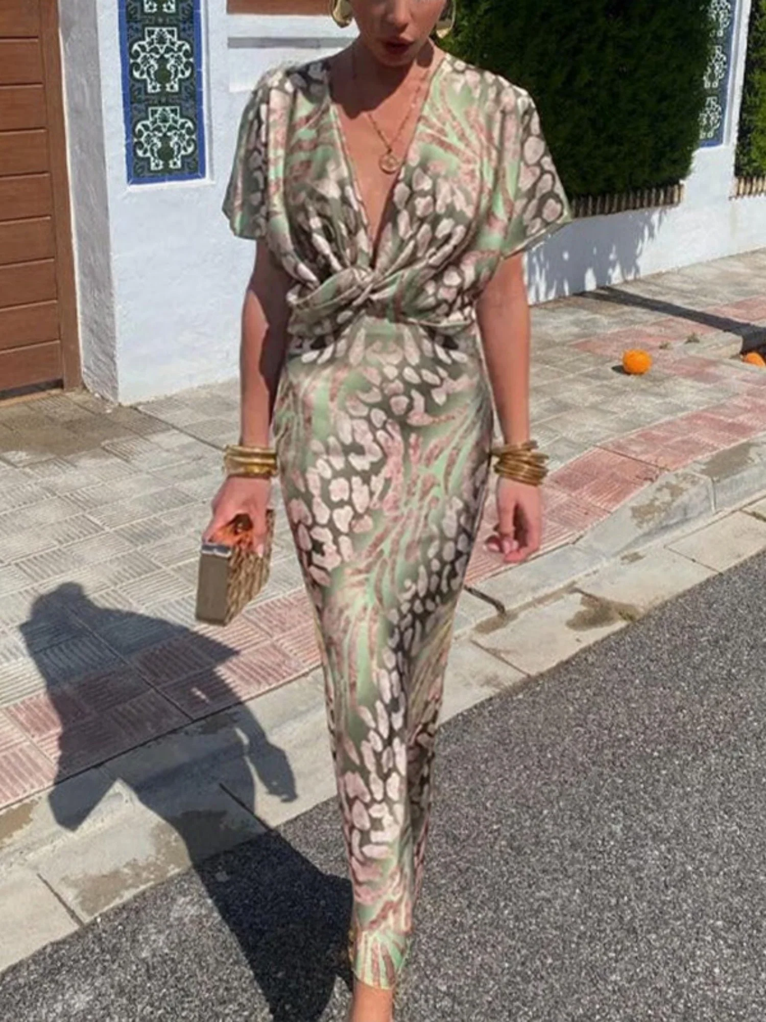 Floral Print Knot V-neck Short Sleeve Maxi Dresses - Image 4
