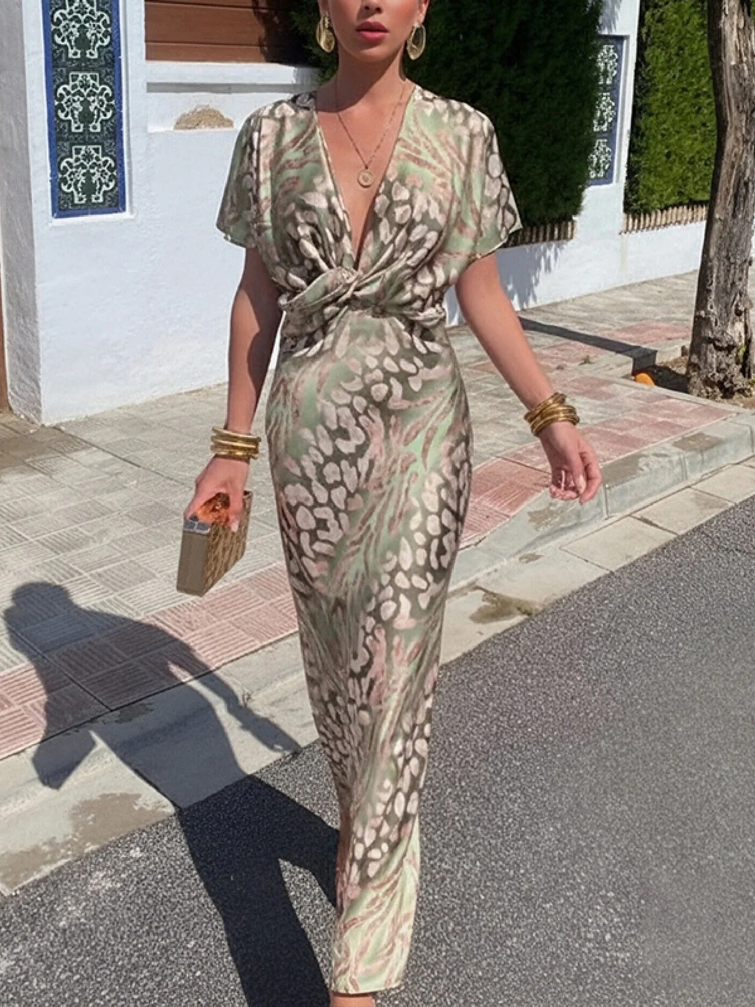 Floral Print Knot V-neck Short Sleeve Maxi Dresses - Image 5