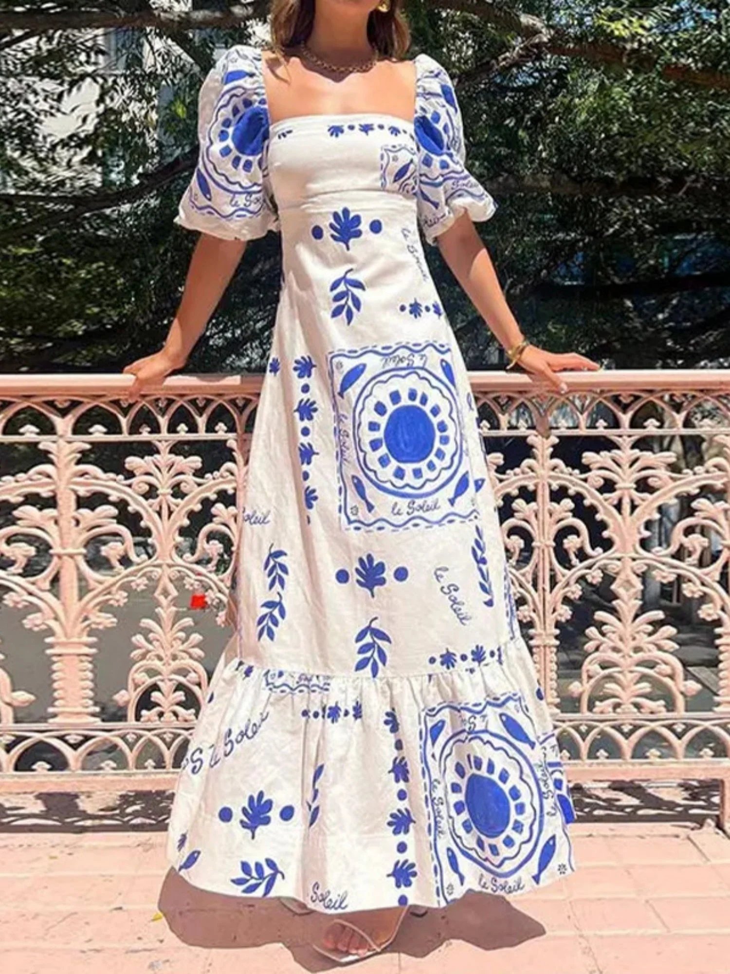 Floral Print Off-the-shoulder Puff Sleeve Large Skirt Maxi Dresses