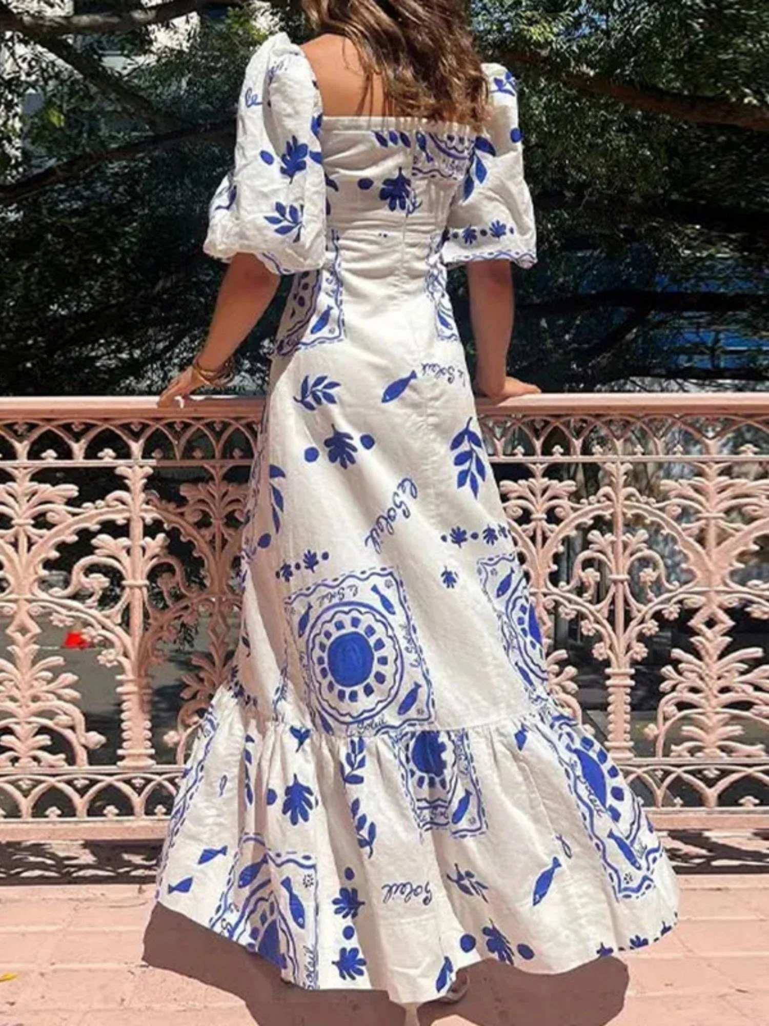 Floral Print Off-the-shoulder Puff Sleeve Large Skirt Maxi Dresses - Image 2