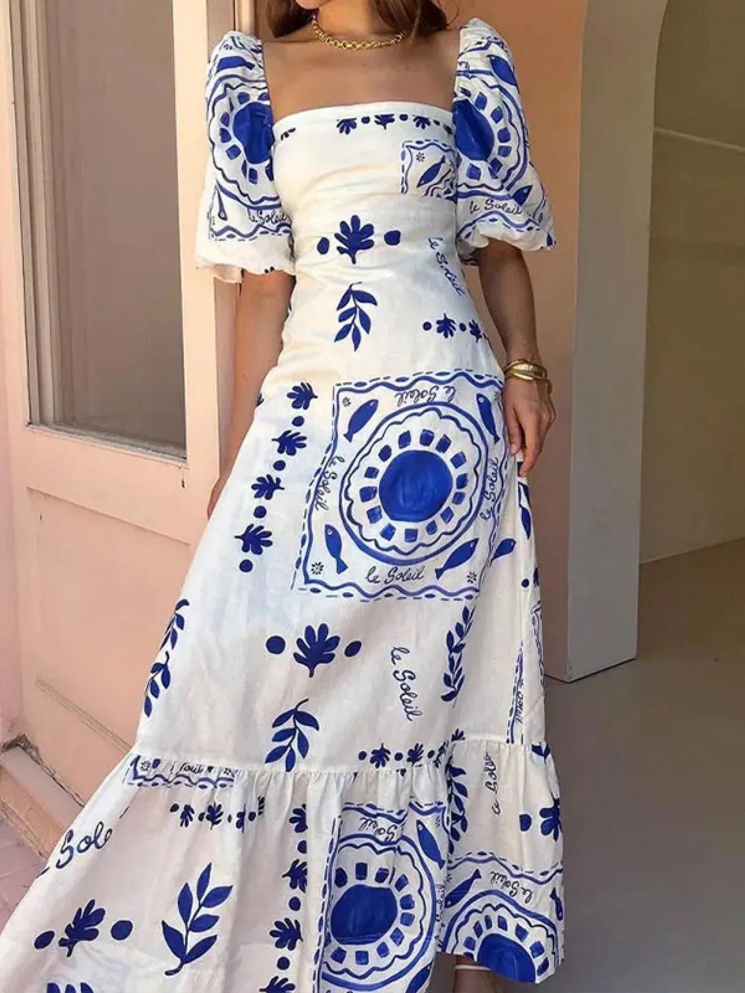Floral Print Off-the-shoulder Puff Sleeve Large Skirt Maxi Dresses - Image 3
