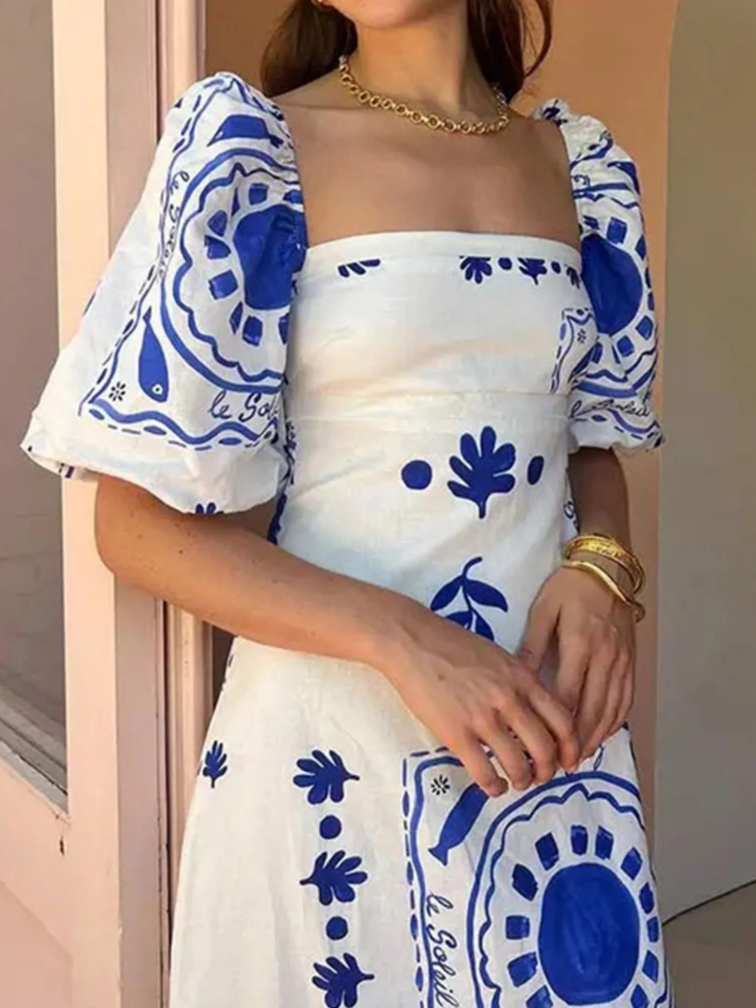 Floral Print Off-the-shoulder Puff Sleeve Large Skirt Maxi Dresses - Image 4