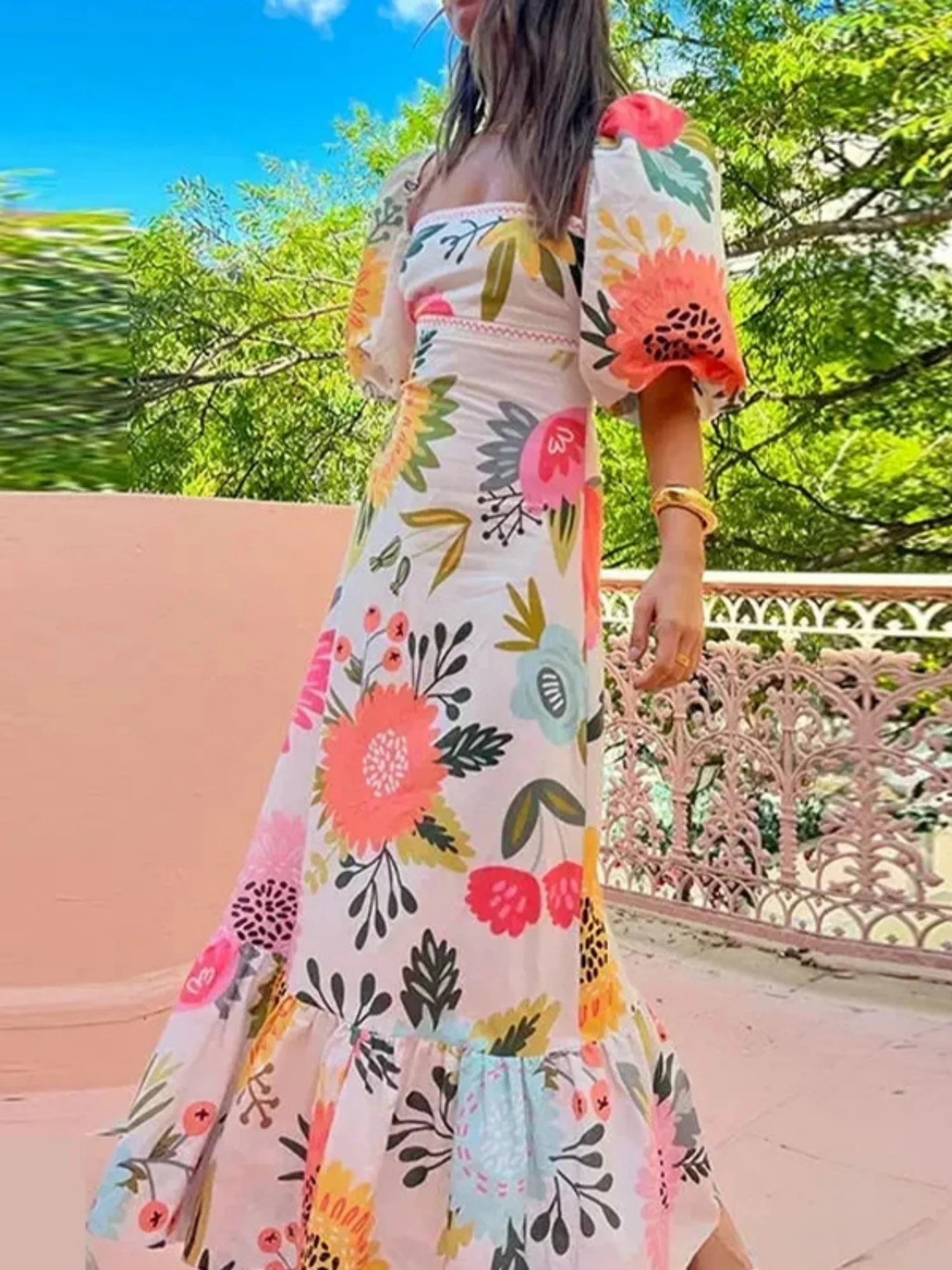 Floral Print Off-the-shoulder Puff Sleeve Large Skirt Maxi Dresses - Image 7