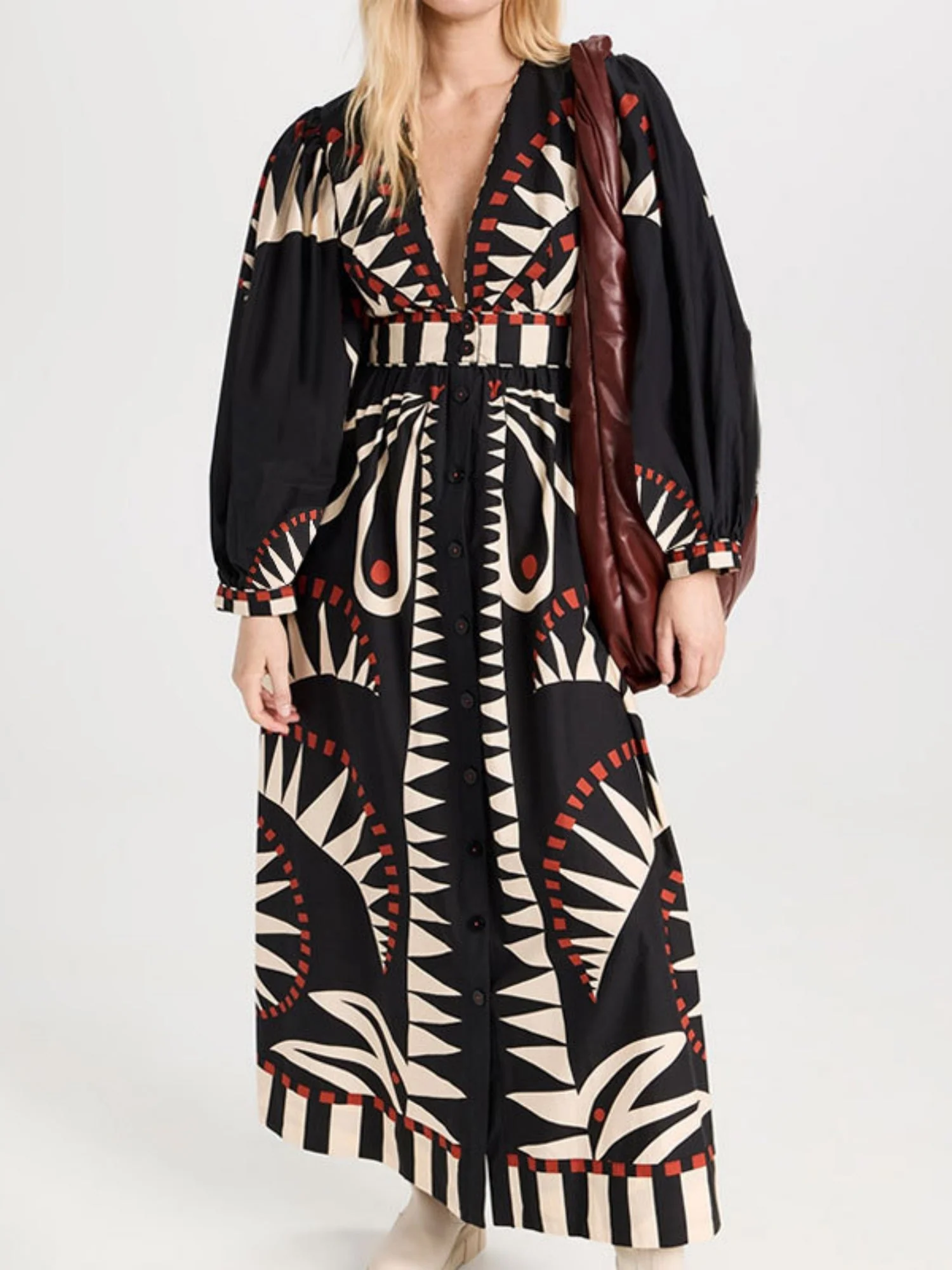 Floral Print Bohemia V-neck Lantern Sleeves Maxi Dresses