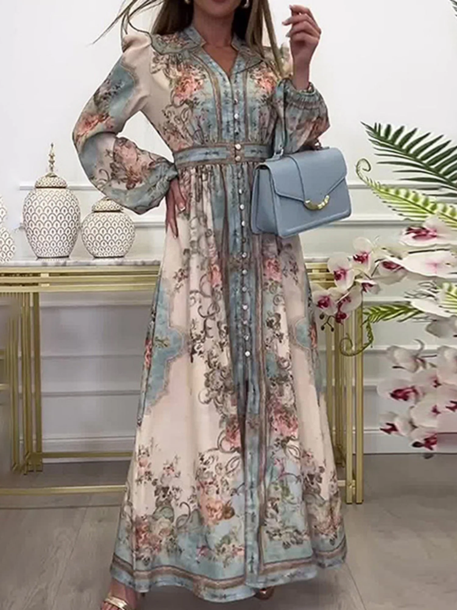 Floral Print V-neck Lantern Sleeves Maxi Dresses