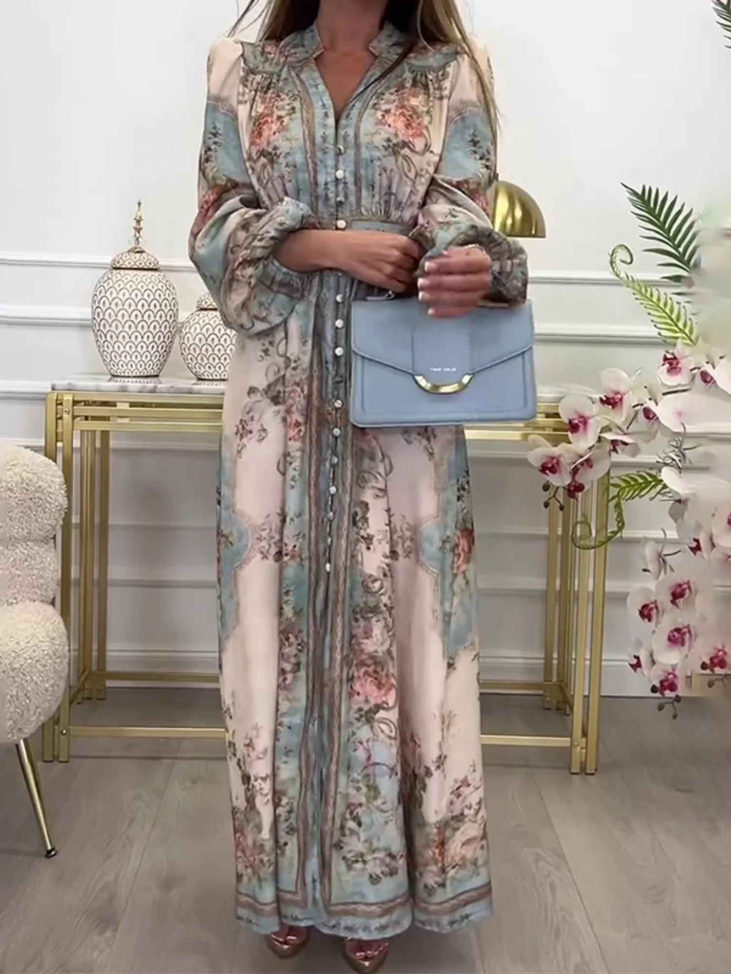 Floral Print V-neck Lantern Sleeves Maxi Dresses - Image 2