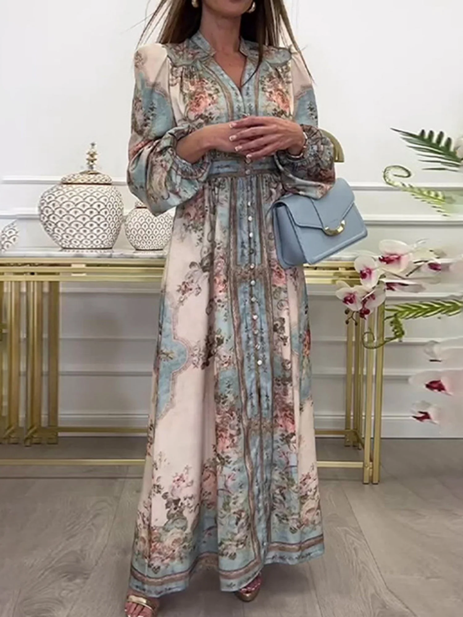 Floral Print V-neck Lantern Sleeves Maxi Dresses - Image 3
