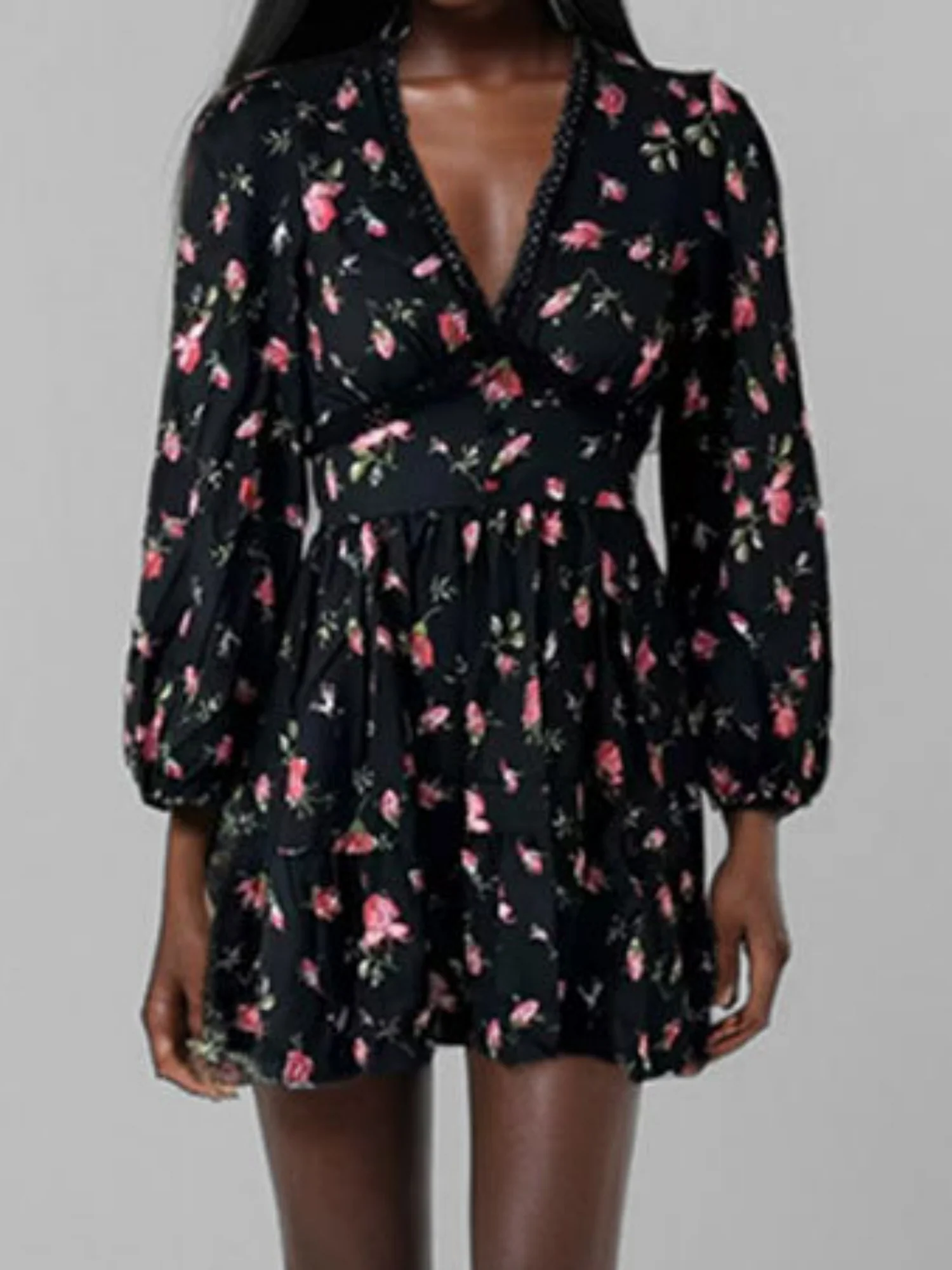 Floral Lace Deep V-neck Waist Puff Sleeve Sweet Mini&Short Dresses - Image 11