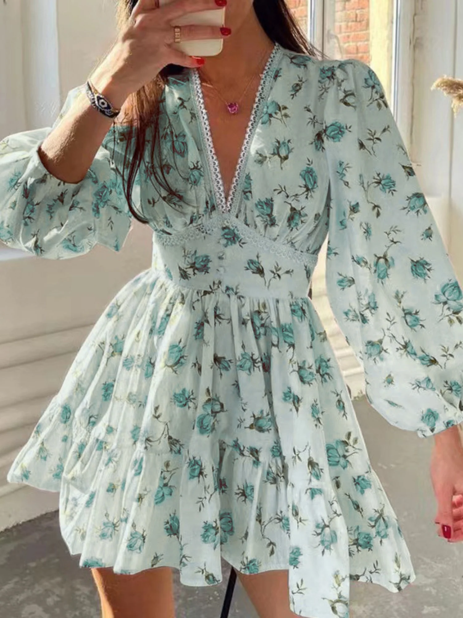 Floral Lace Deep V-neck Waist Puff Sleeve Sweet Mini&Short Dresses - Image 3