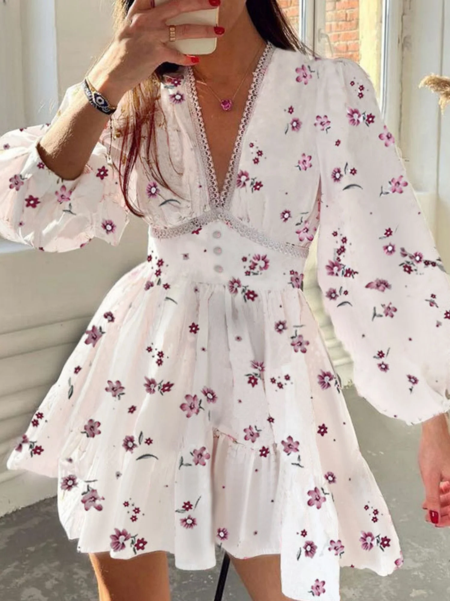 Floral Lace Deep V-neck Waist Puff Sleeve Sweet Mini&Short Dresses - Image 4