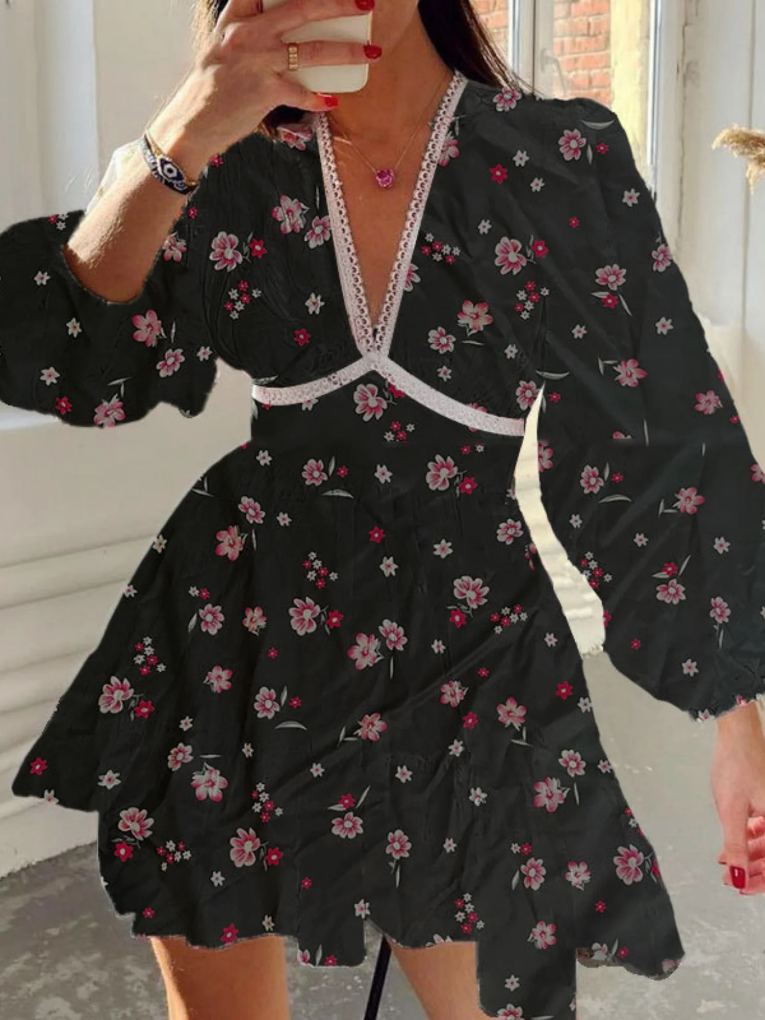 Floral Lace Deep V-neck Waist Puff Sleeve Sweet Mini&Short Dresses - Image 5