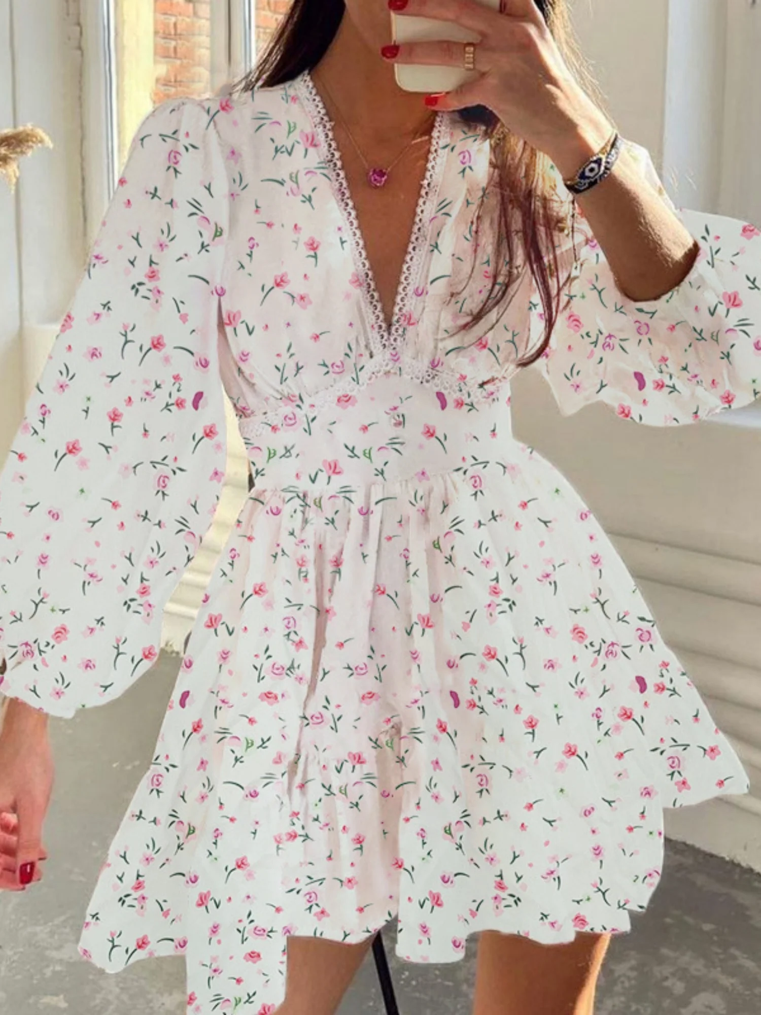 Floral Lace Deep V-neck Waist Puff Sleeve Sweet Mini&Short Dresses - Image 6