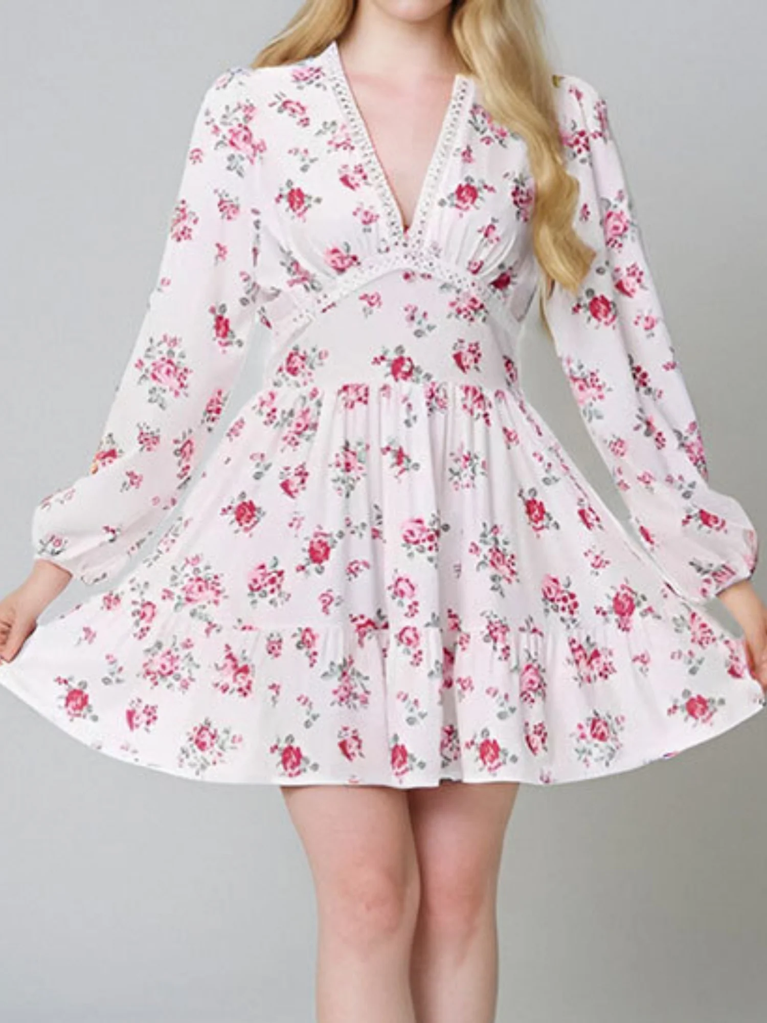 Floral Lace Deep V-neck Waist Puff Sleeve Sweet Mini&Short Dresses - Image 8