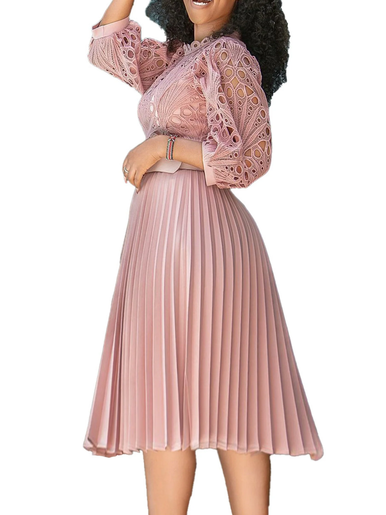 Lace Cutout Lace Patchwork With Belt Long Sleeves Midi Dresses - Image 2