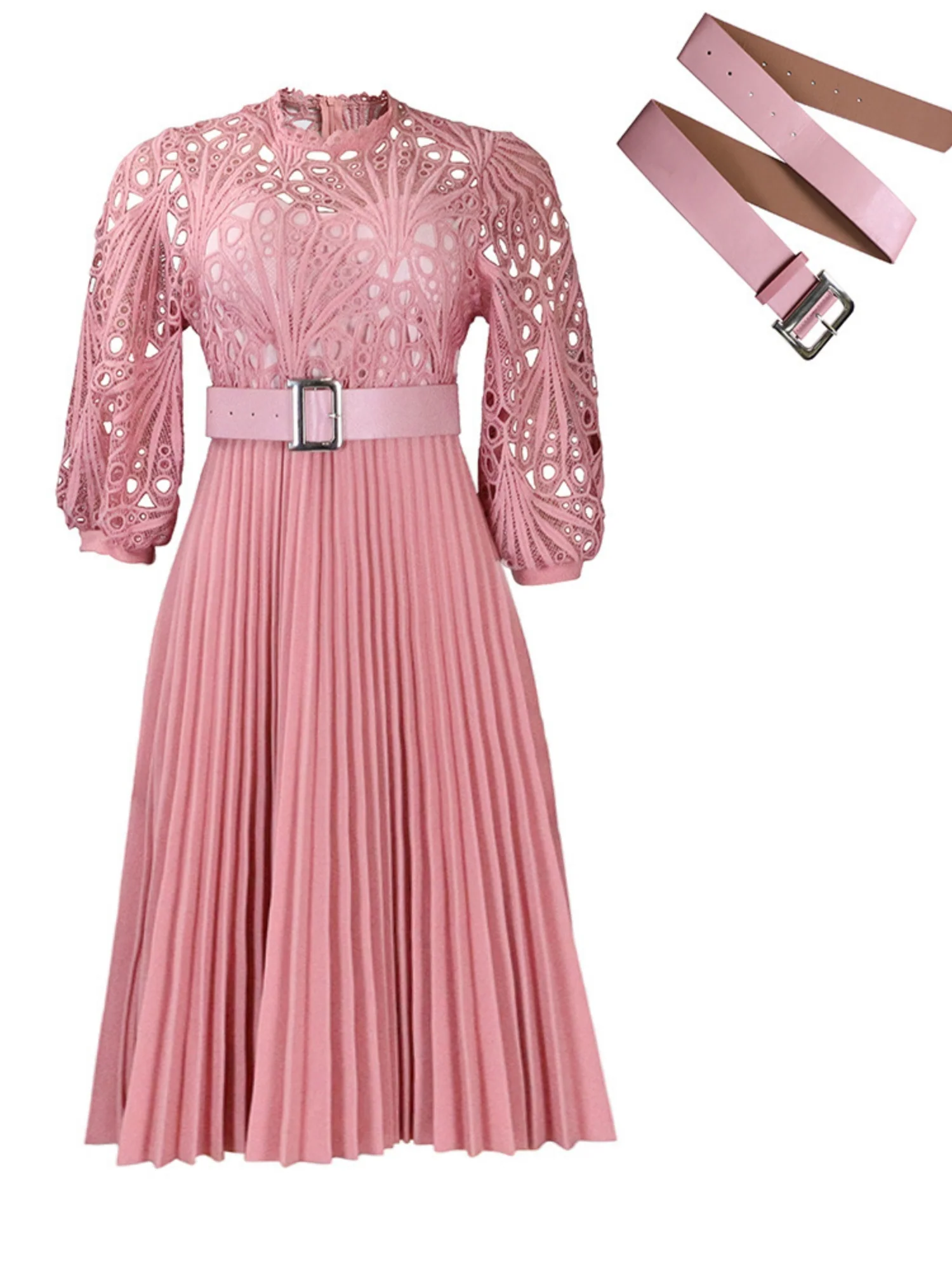 Lace Cutout Lace Patchwork With Belt Long Sleeves Midi Dresses - Image 3