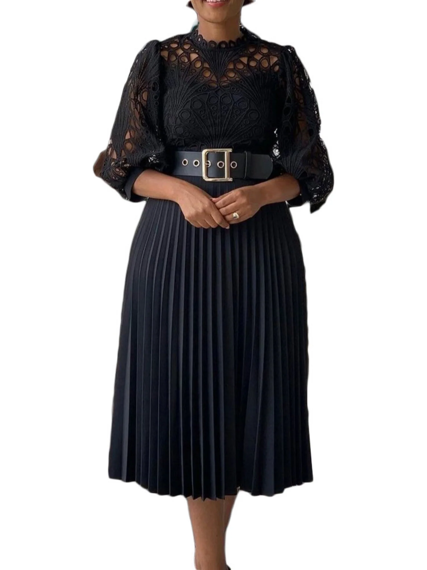 Lace Cutout Lace Patchwork With Belt Long Sleeves Midi Dresses - Image 4