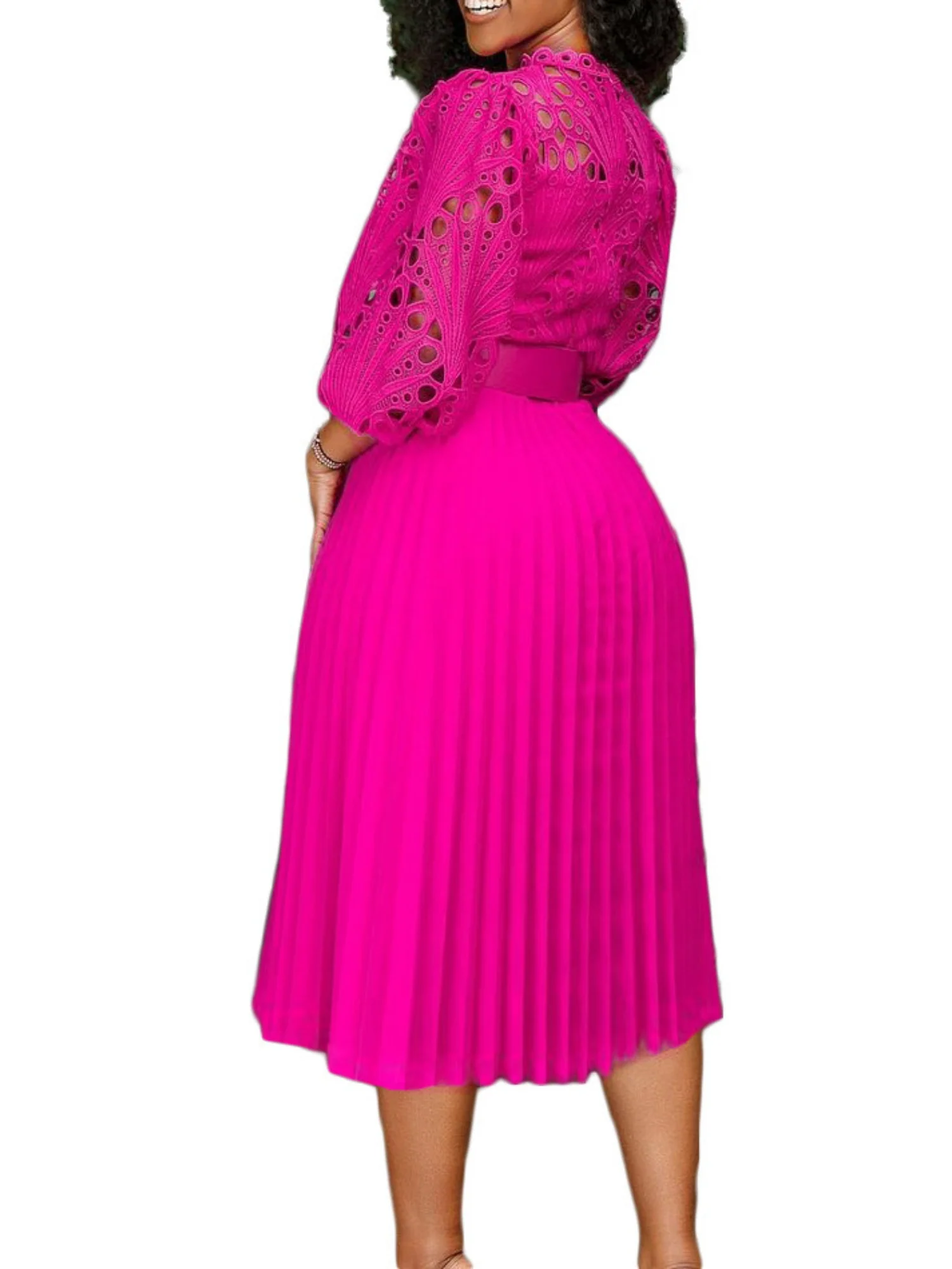 Lace Cutout Lace Patchwork With Belt Long Sleeves Midi Dresses - Image 5